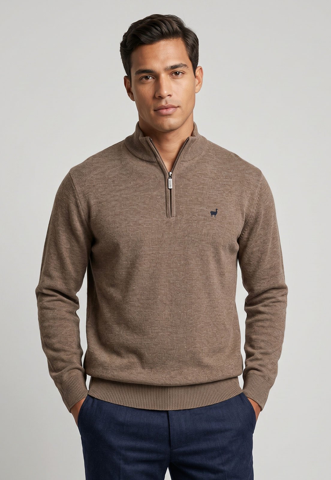 Suéter Masculino Zapälla Gola Alta com Zíper Caramelo
