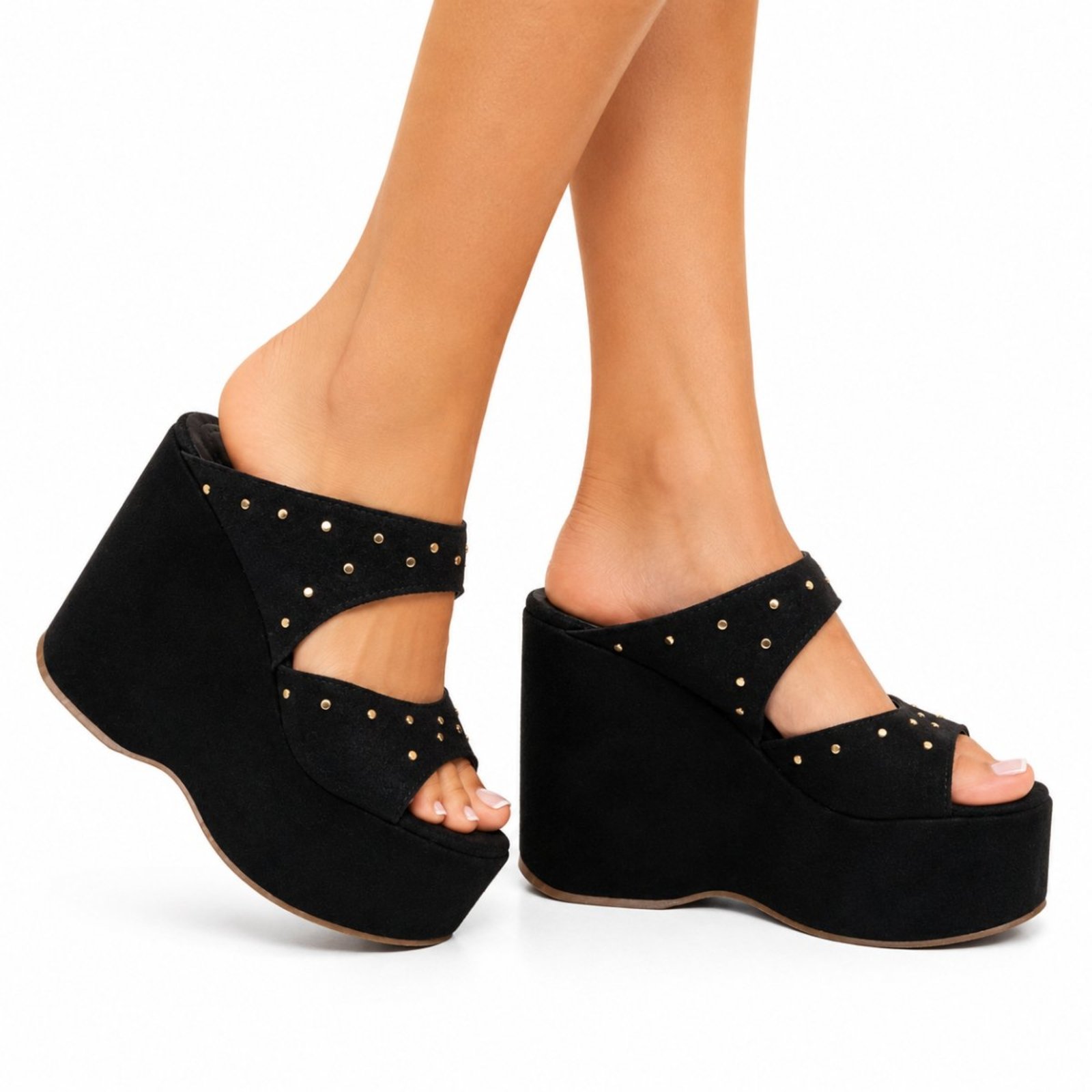 Tamanco Feminino Flor da Pele Anabela Plataforma Tiras Largas Com Tachas 182179 Camurça Preto