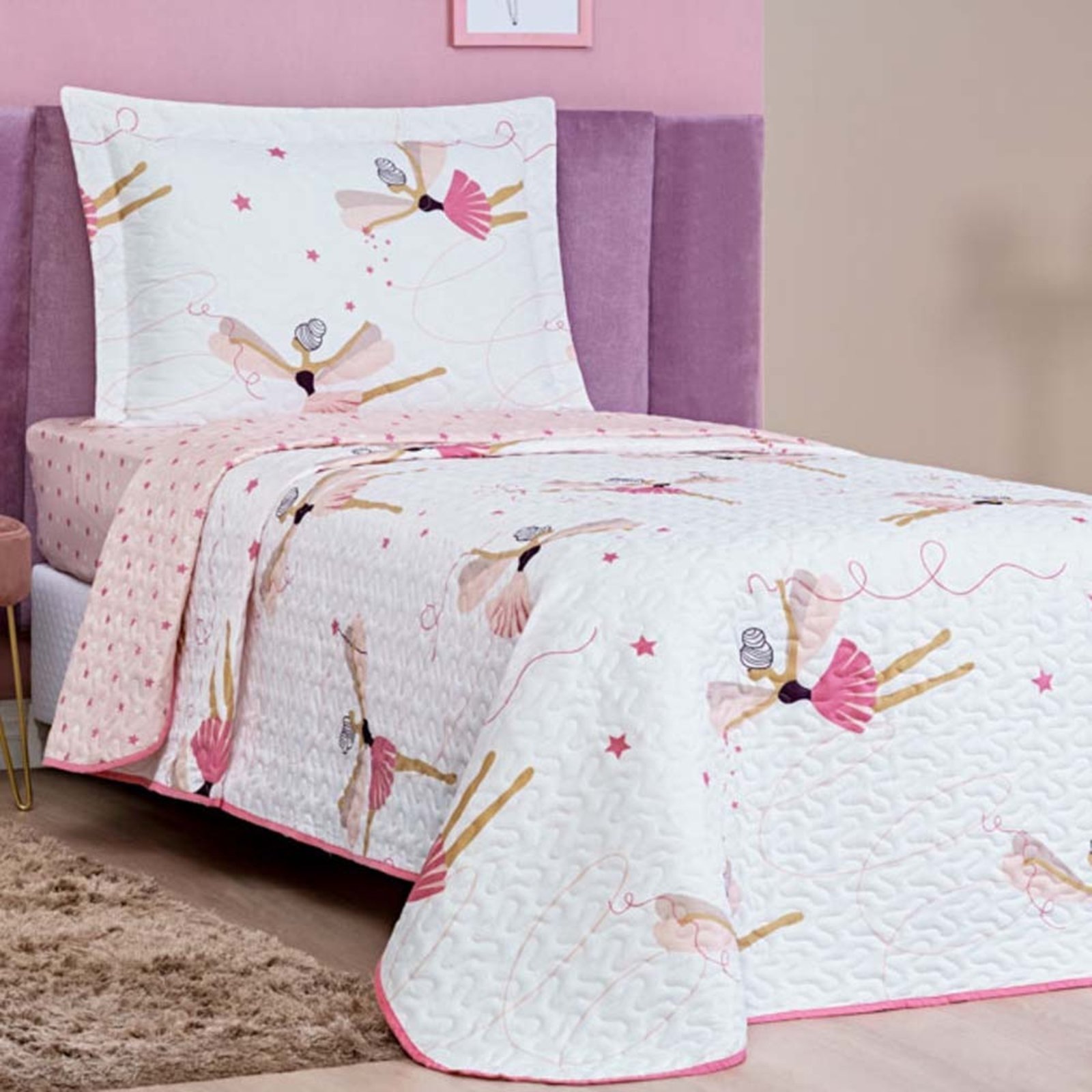 Kit Cobre Leito Colcha Solteiro Casa Scarpa Fantasy Dupla Face Microfibra 2 Peças - Bailarina - Branco