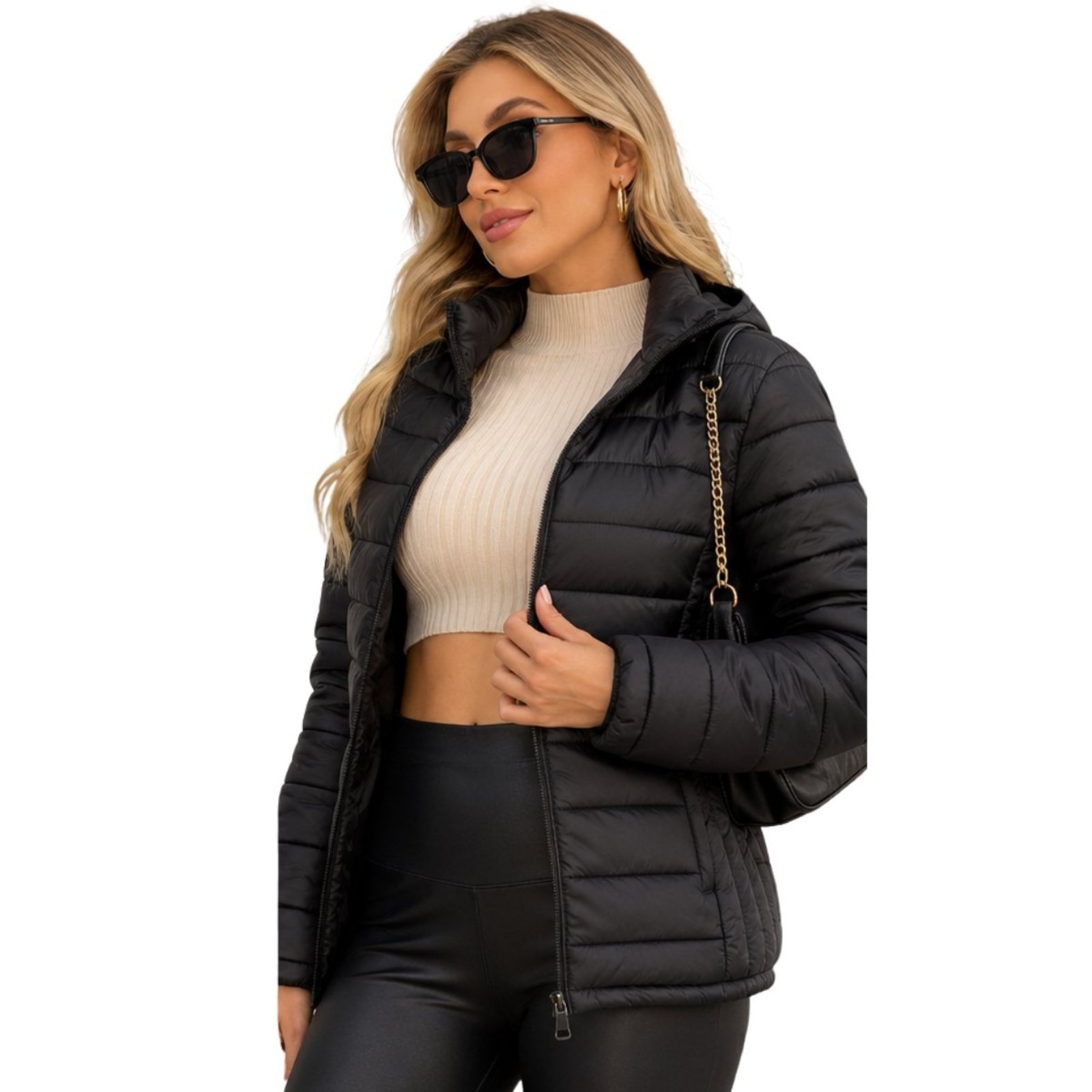Jaqueta Puffer Feminina Peluciada Com Capuz Casaco Inverno Preto