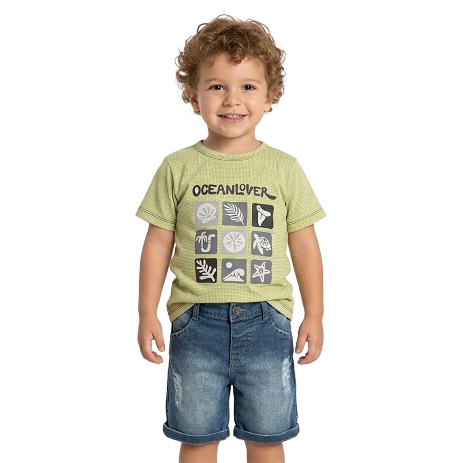 Infantil - Conjunto Look Jeans Camiseta Ocean e Shorts Jeans
