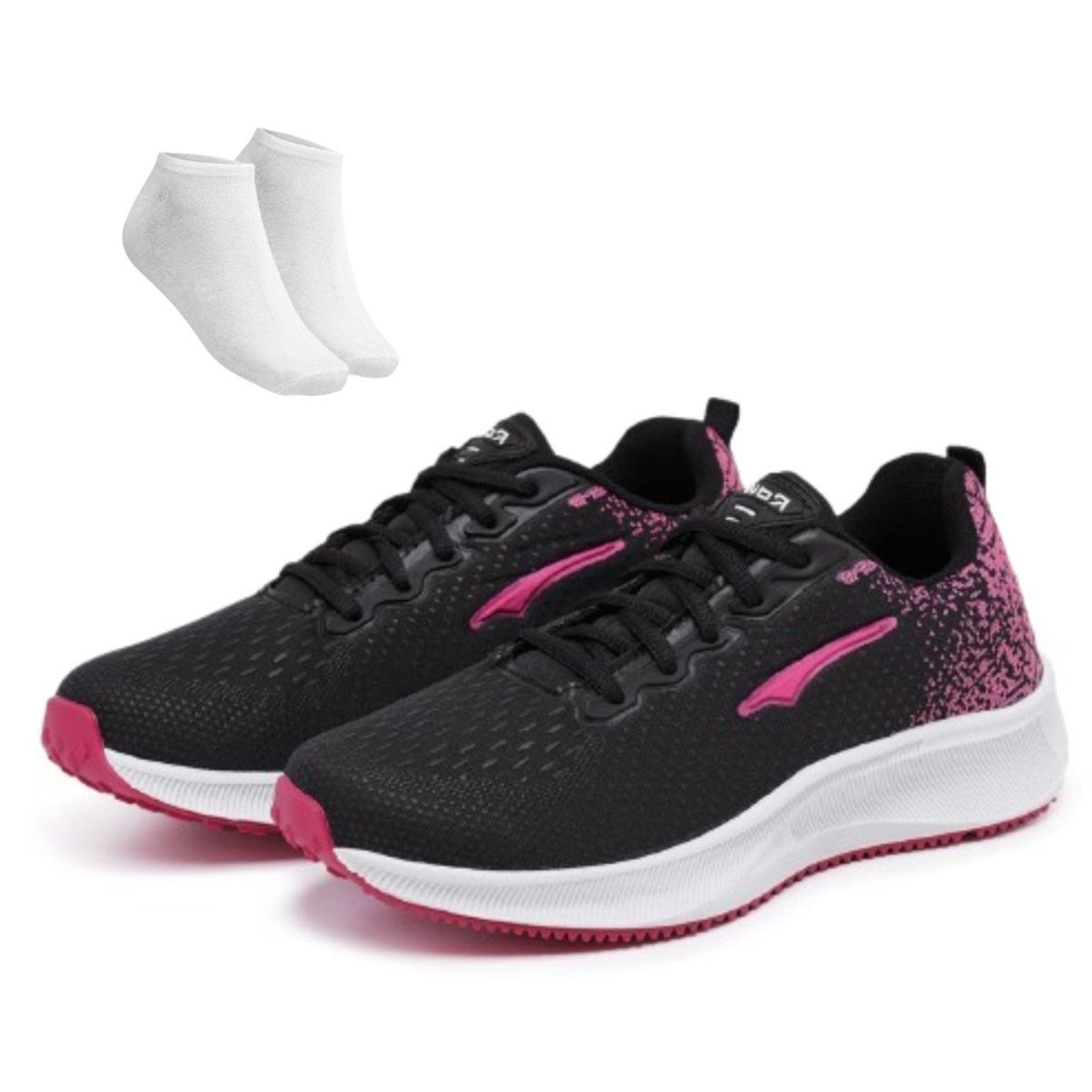 Kit Tênis Casual Feminino Esportico Leve Super Macio Ortopédico Preto Pink + Meia