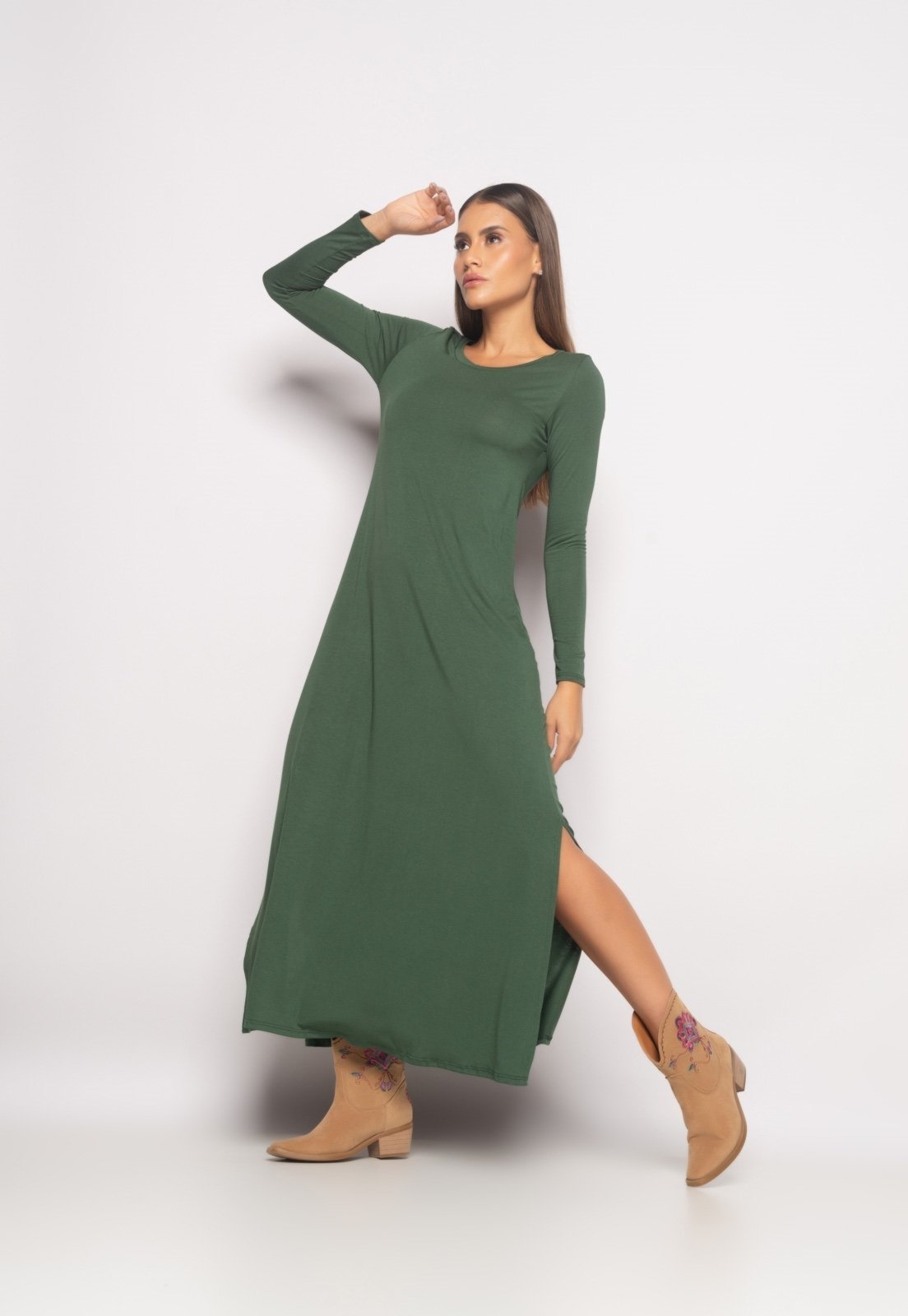 Vestido Longo Manga Longa Malha Salvatore Fashion Verde