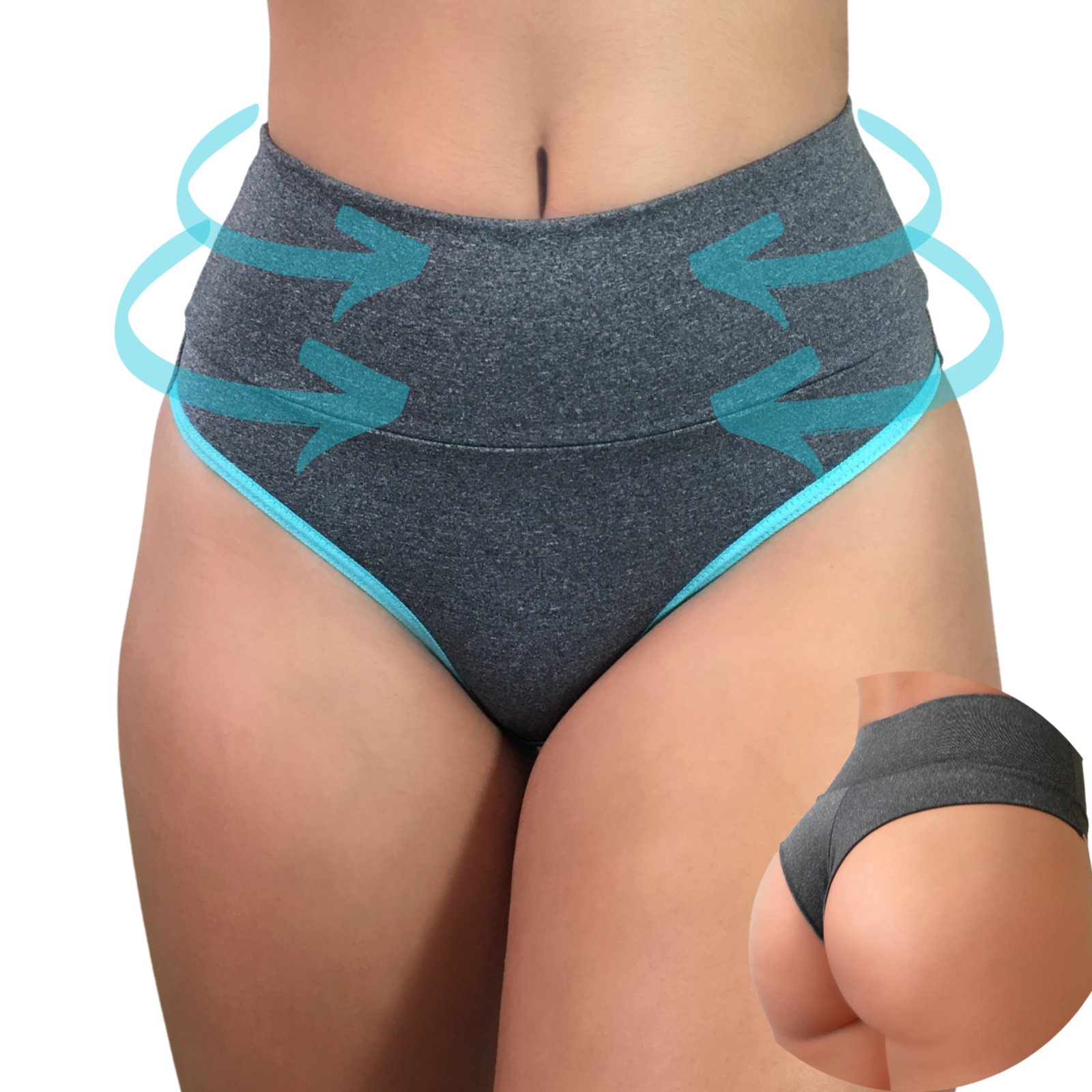 Kit 6 Calcinhas Modeladora Fio Dental Cós Alto com Tecido Duplo Reduz Barriga Cinza