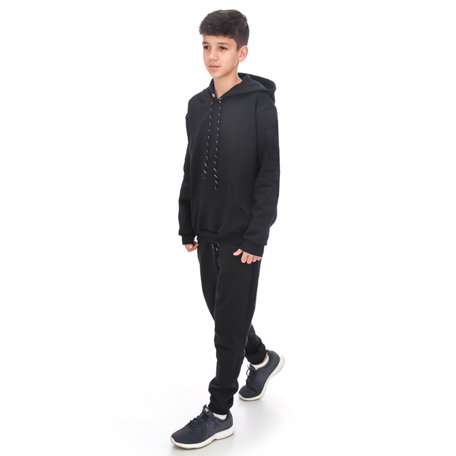 Infantil - Conjunto Em Moletom Blusa Canguru e Capuz E Calça Estilo Jogger Juvenil Preto Claro Aliarthe