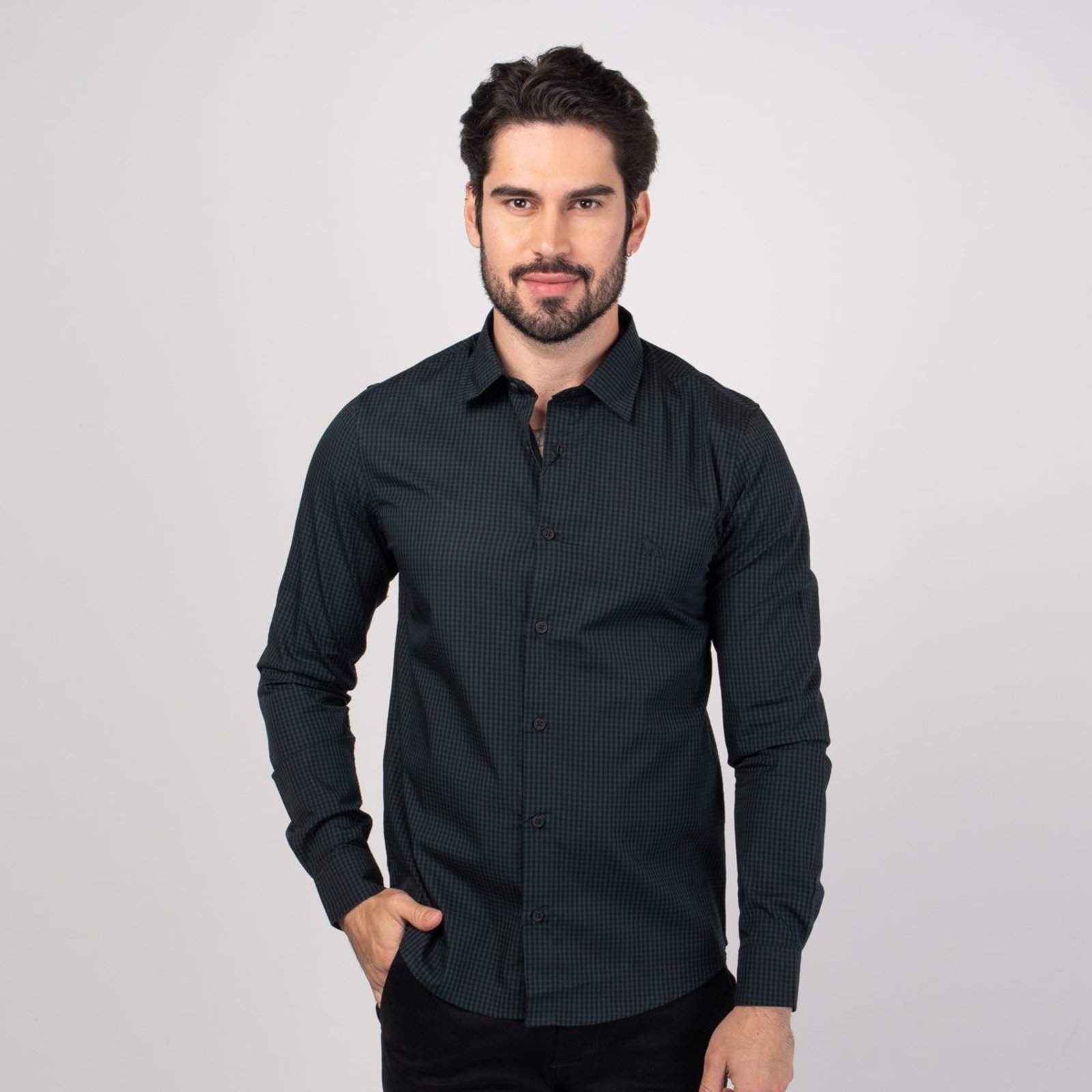 Camisa Acostamento Micro-xadrez Verde Escuro