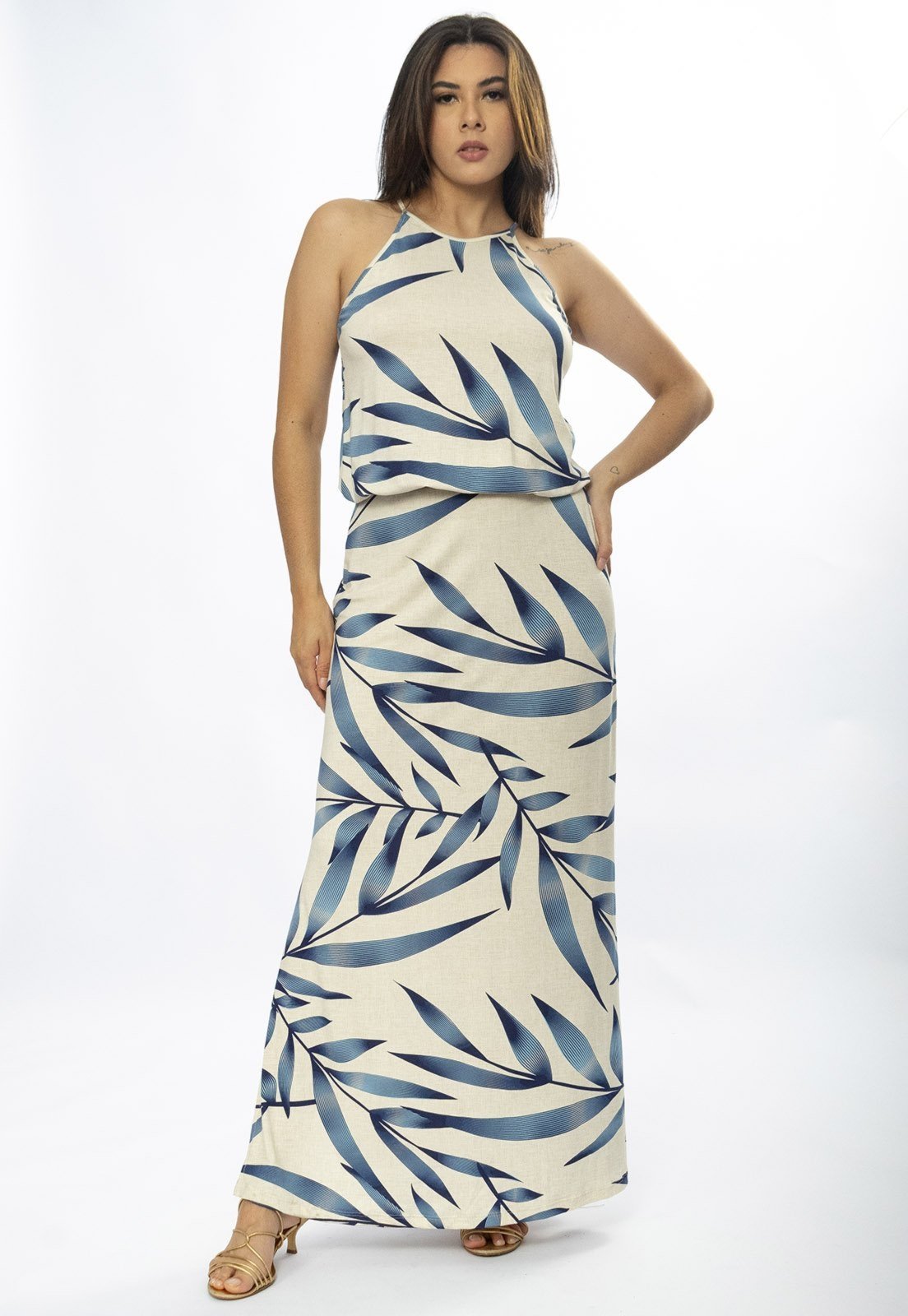 Vestido Longo Amazônia Vital Malha Trapézio com Elástico na Cintura Estampa Bambu Azul