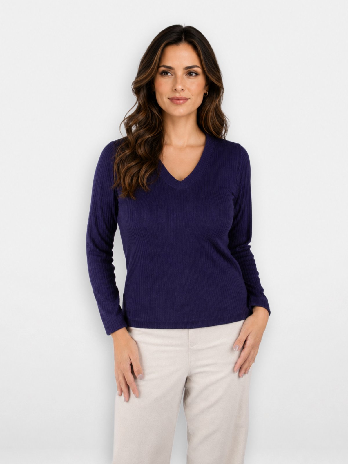 Blusa Feminina Pompier Manga Longa em Malha Canelada com Decote V Azul Marinho