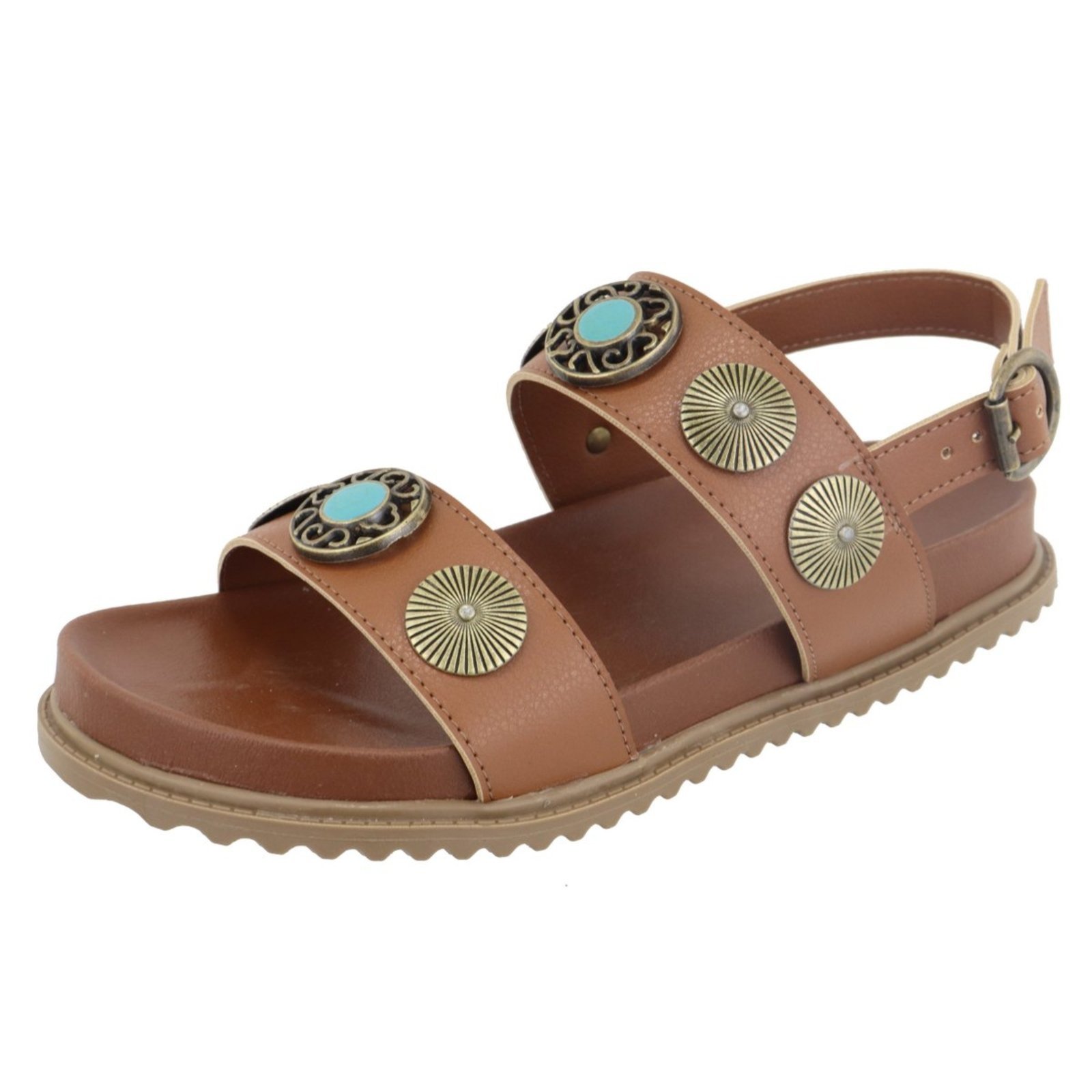 Sandália Papete Feminina Paula B Estilo Boho Com Detalhes No Metal Dourado Envelhecido E Amarração No Tornozelo Conforto Caramelo