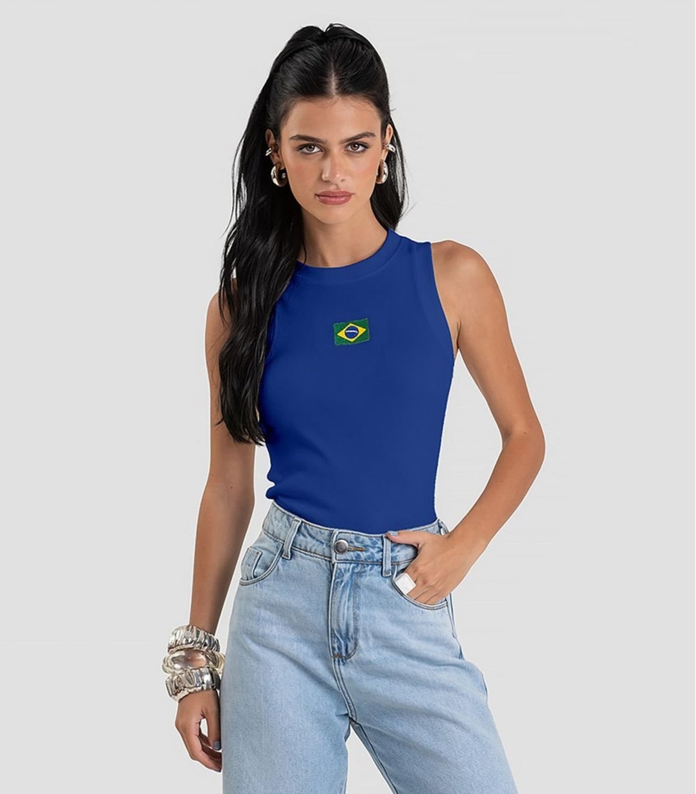 Regata Feminina em Ribana Canelada Brasil Dianna Azul