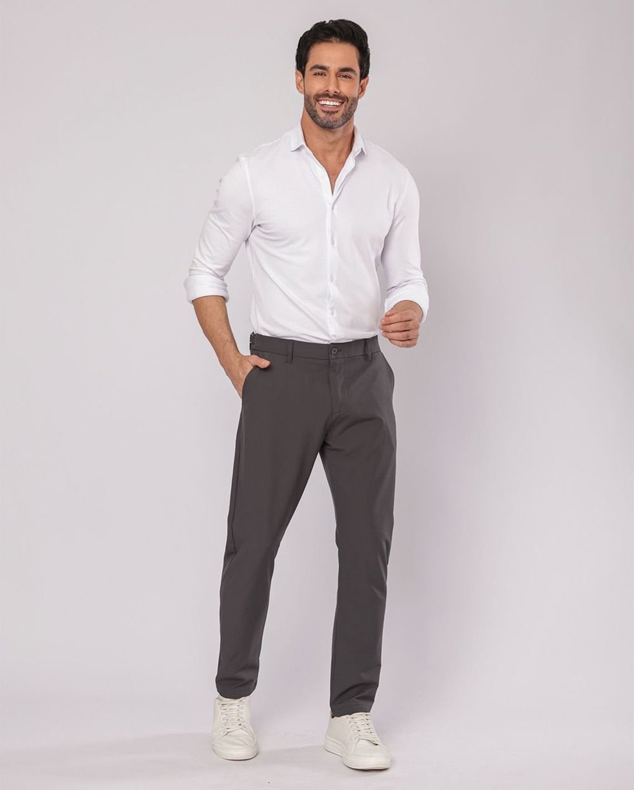 Calça Alfaiataria Masculina Microfibra Regulador de Fivela 11040 Cinza Chumbo Consciência