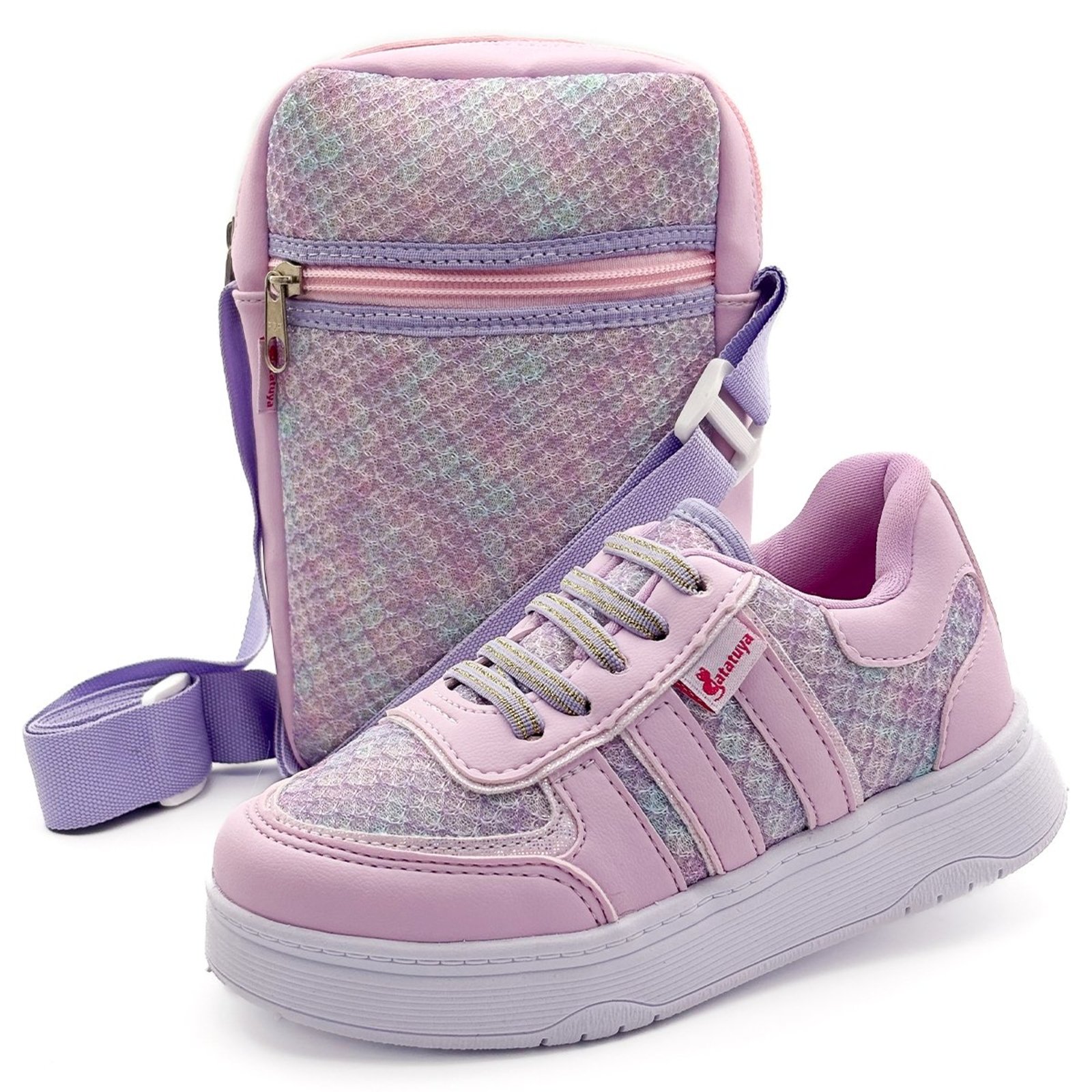 Infantil - Kit Tênis Menina Rosa Brilhante Com Bolsa Shoulder Bag Confortável Mzkid