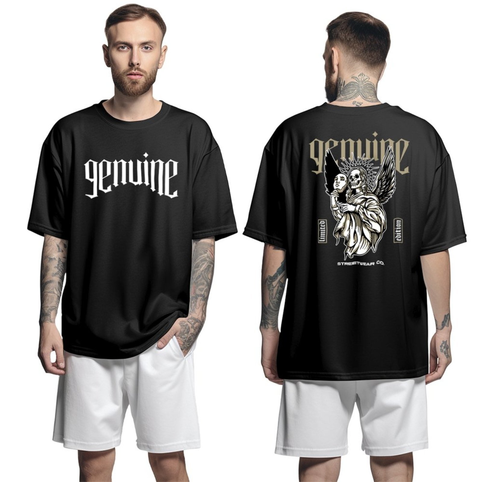 Camiseta Oversized Streetwear Genuine Grit Masculina Larga 100% Algodão 30.1 Angel Skull – Preto – P