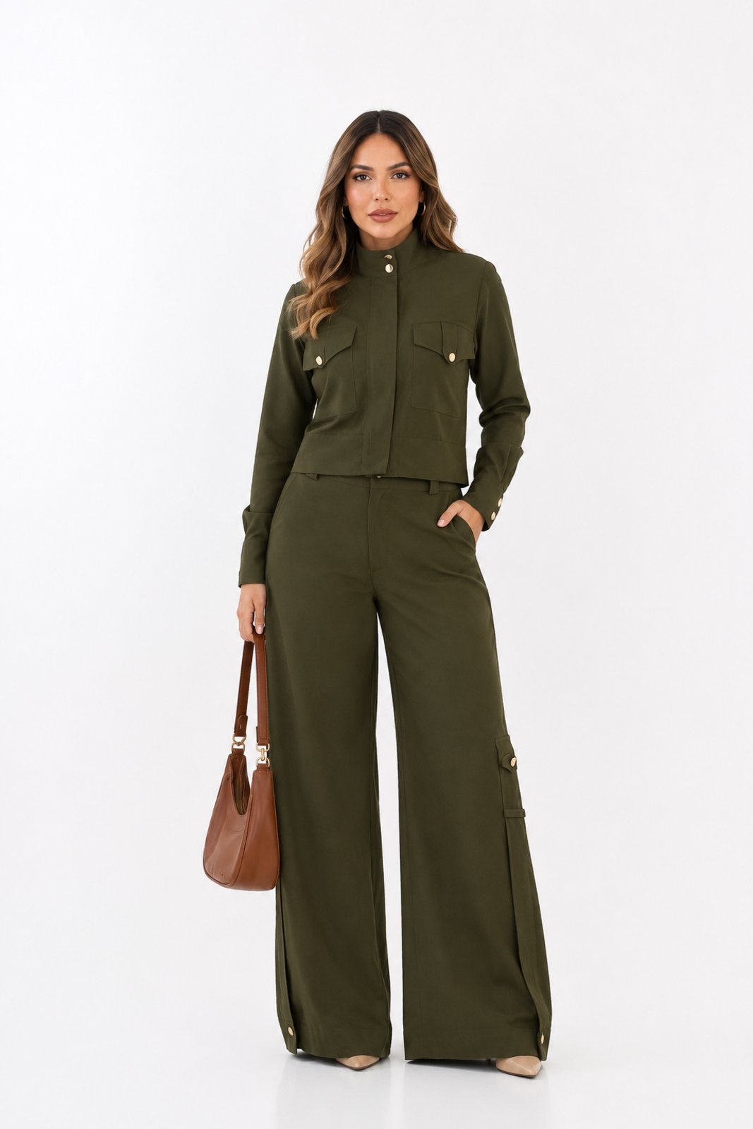 Conjunto Feminino D Bell Outlet Fashion Camisa E Calça Verde Militar