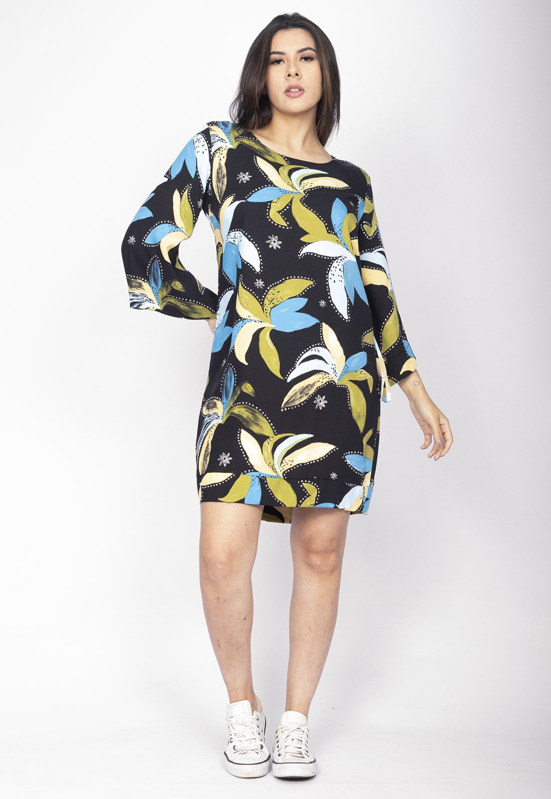 Vista 2 Vestido Curto Amazonia Vital Viscose Manga Ampla Balli Estampa Jardim Noturno Amazonia Vital azul marinho/estampado/off-white/rosa