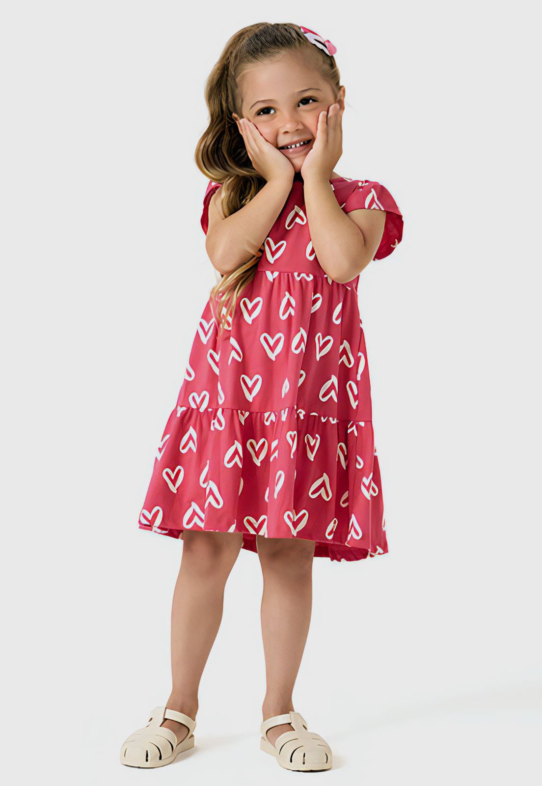 Infantil - Vestido Manga Curta Kyly Coração Rosa
