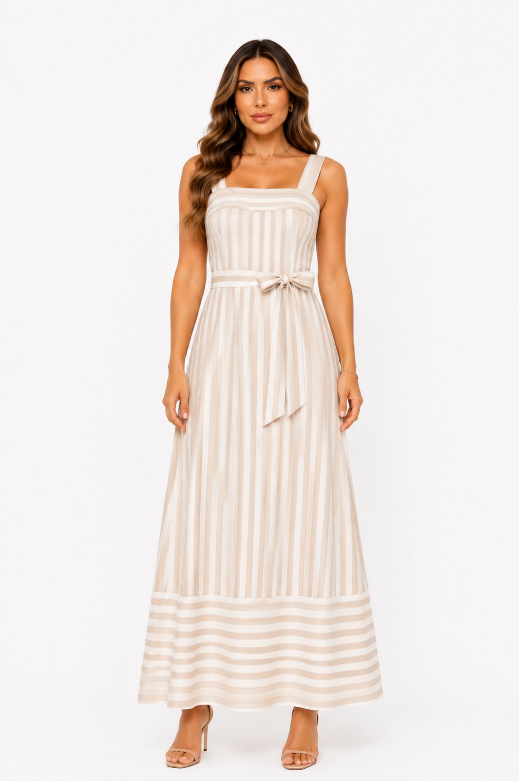 Vestido Midi D Bell Outlet Fashion Listrado Com Faixa Nude