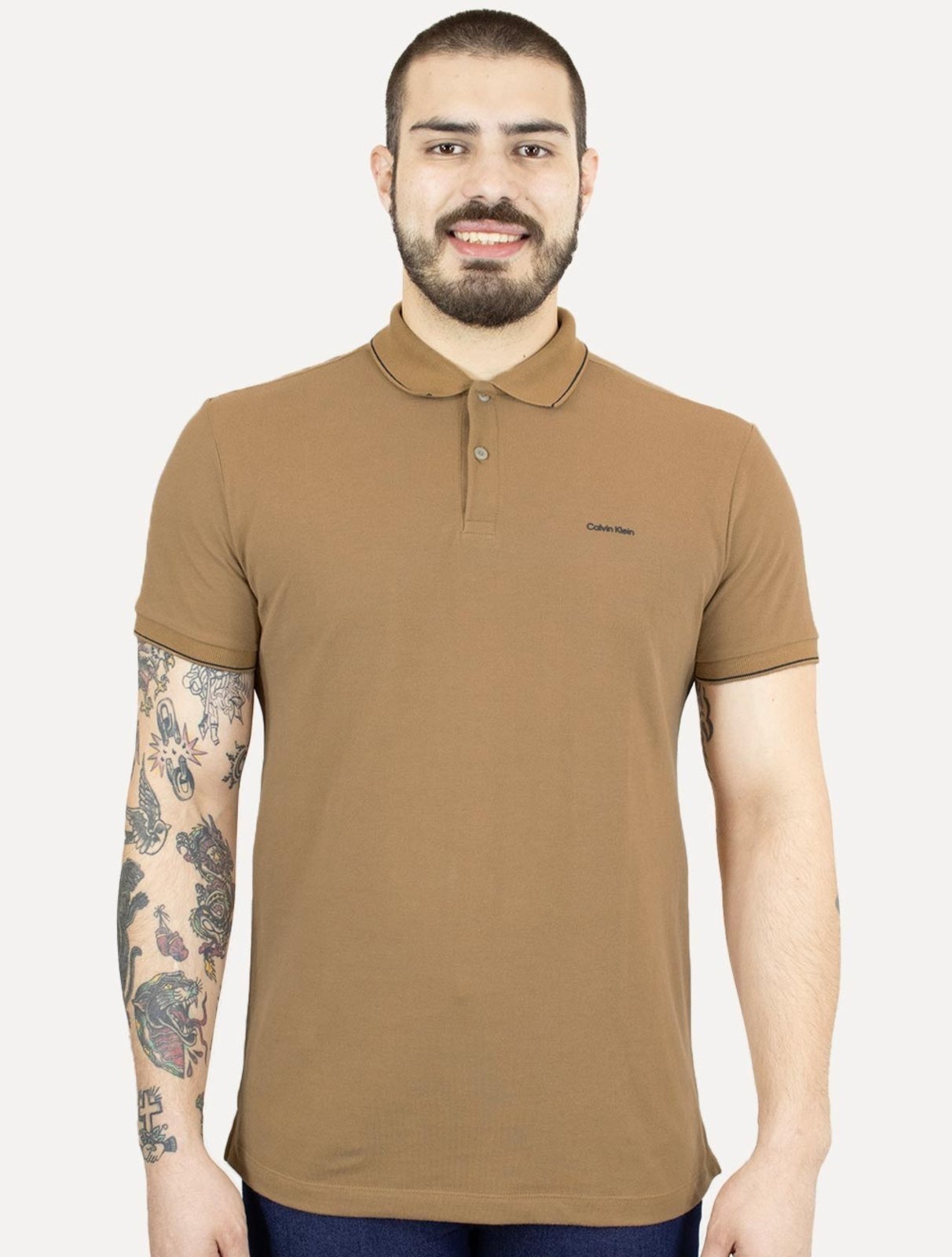 Polo Calvin Klein Piquet Slim Básica Havana Cáqui Mescla