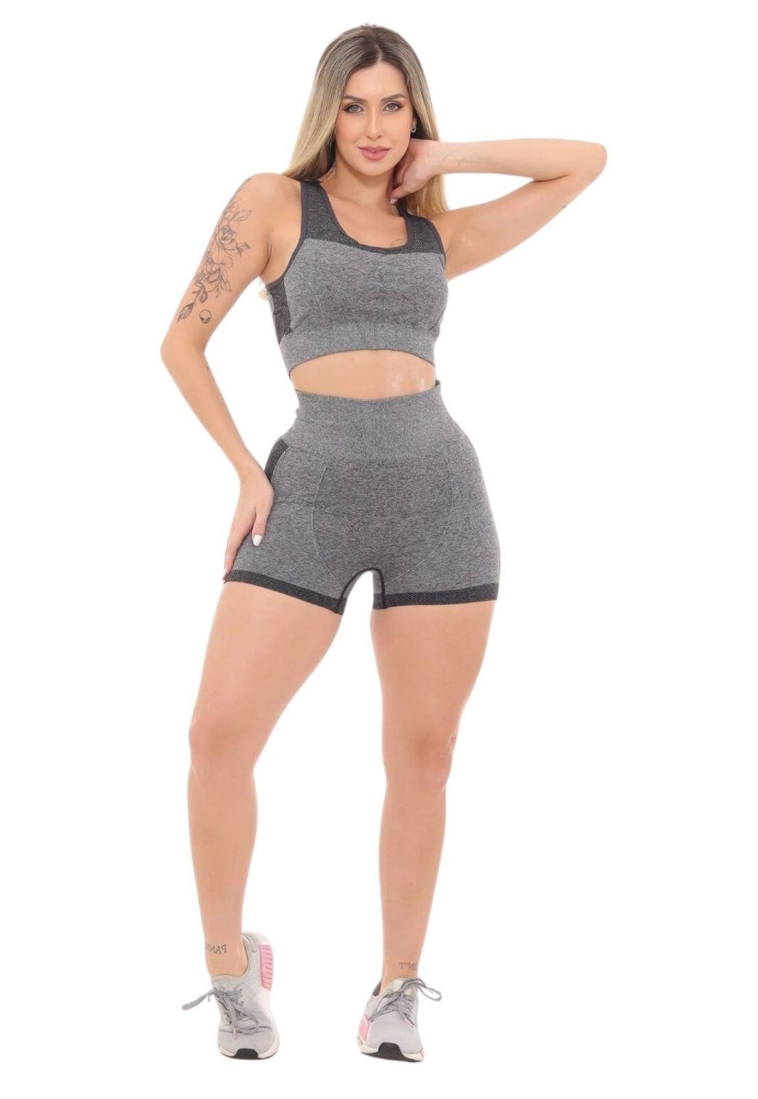 Conjunto Top e Shorts Fitness GARAIS MODA Cinza Claro com Preto