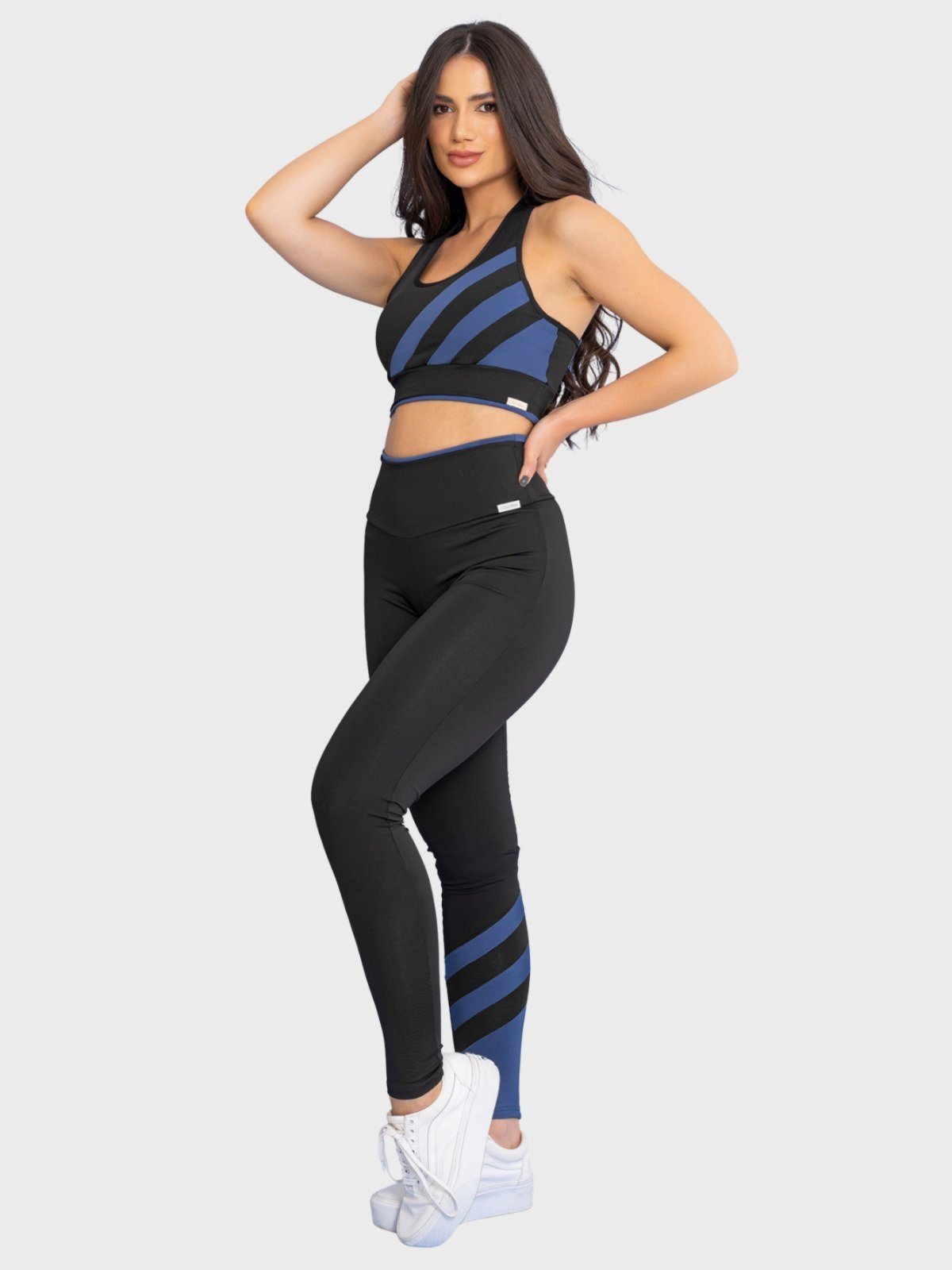 Conjunto Fitness Tarelles Top Calça Legging Cintura Alta Listras Preto e Azul