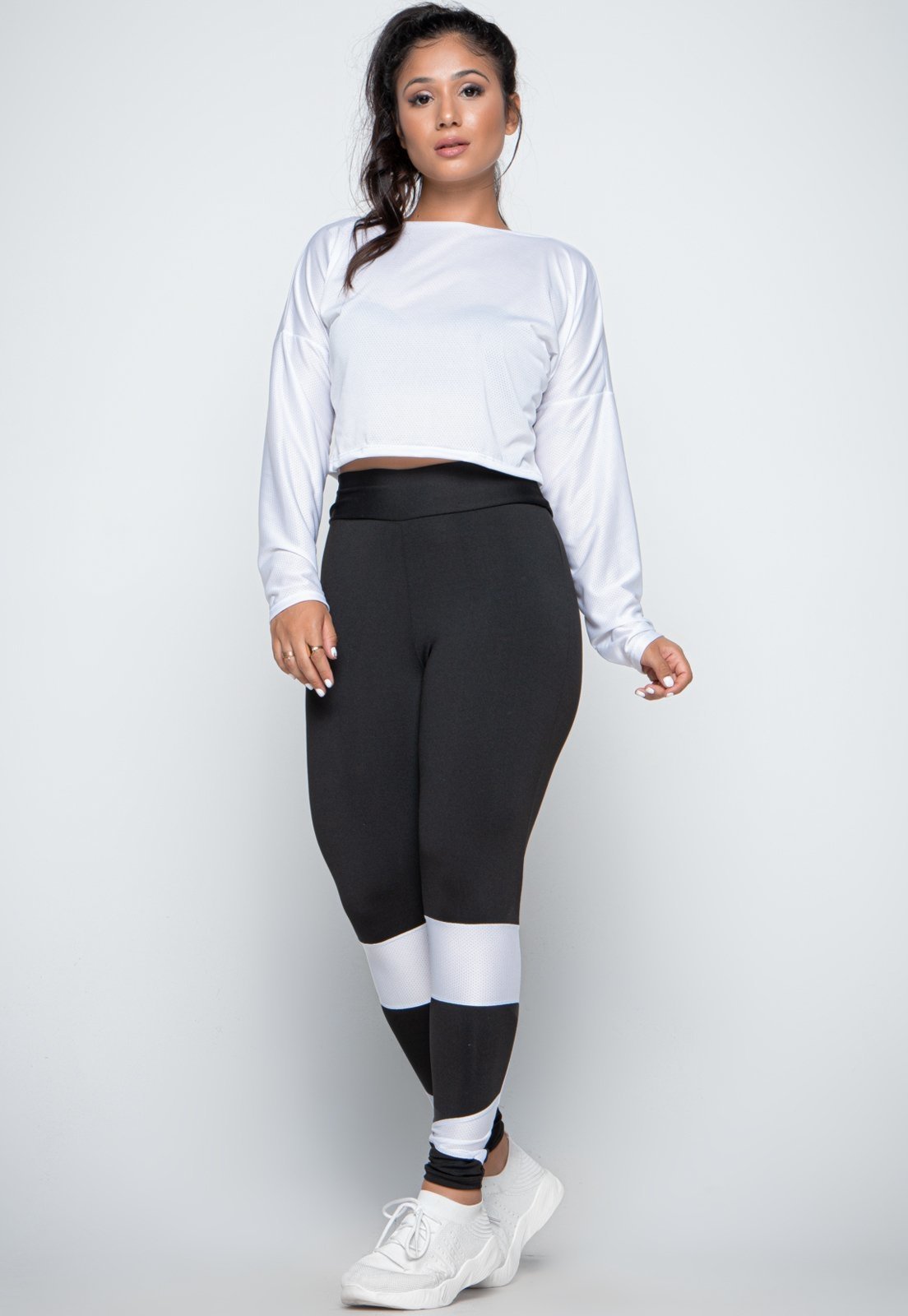 Conjunto Fitness Bravaa Store Feminino Academia Cropped de Tela e Calça Legging Cintura Alta Preta Detalhe em Tela 269 Branco