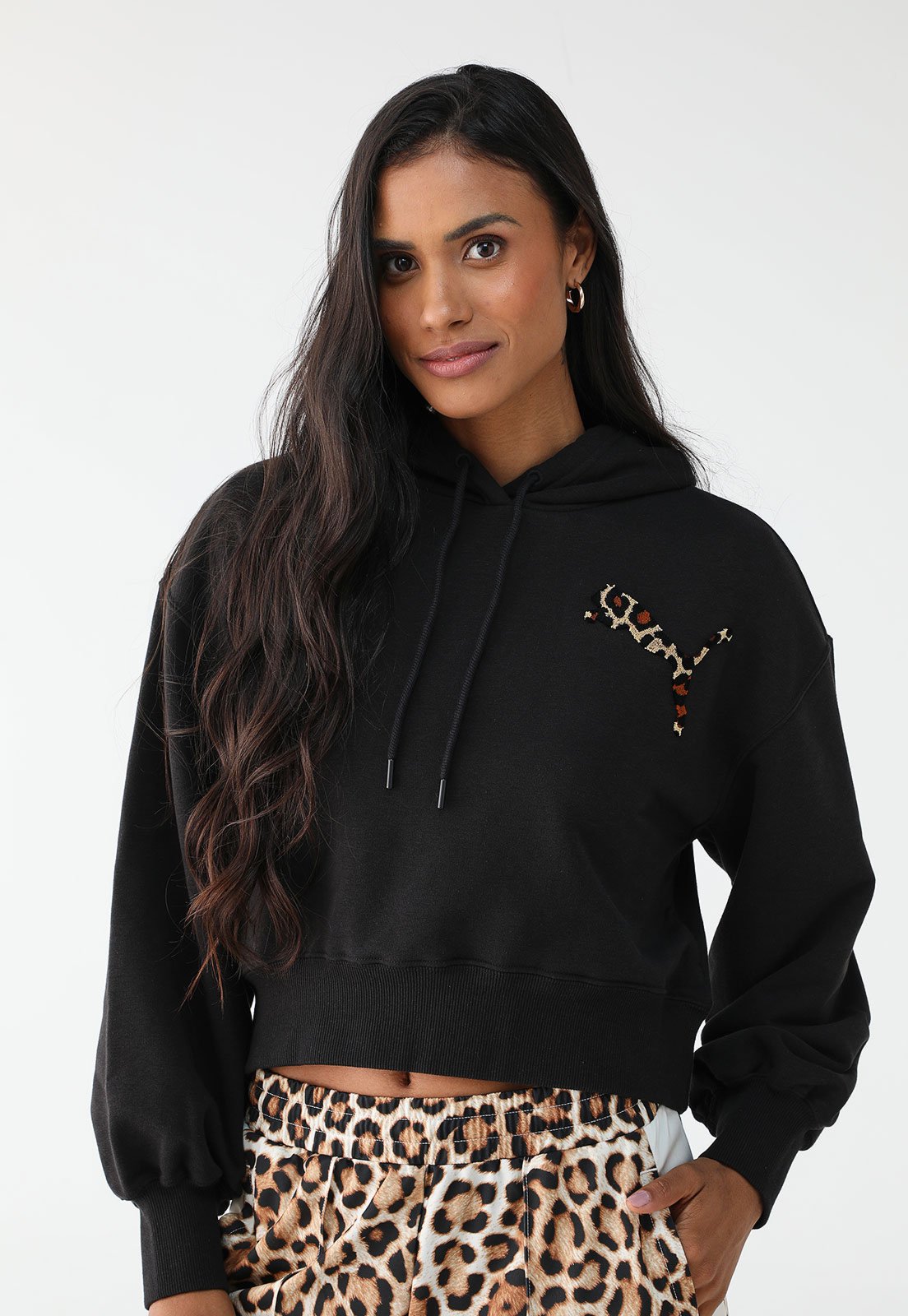 Blusa de Moletom Flanelada Fechada Puma Leo Luxe Relaxed Com Capuz Preta