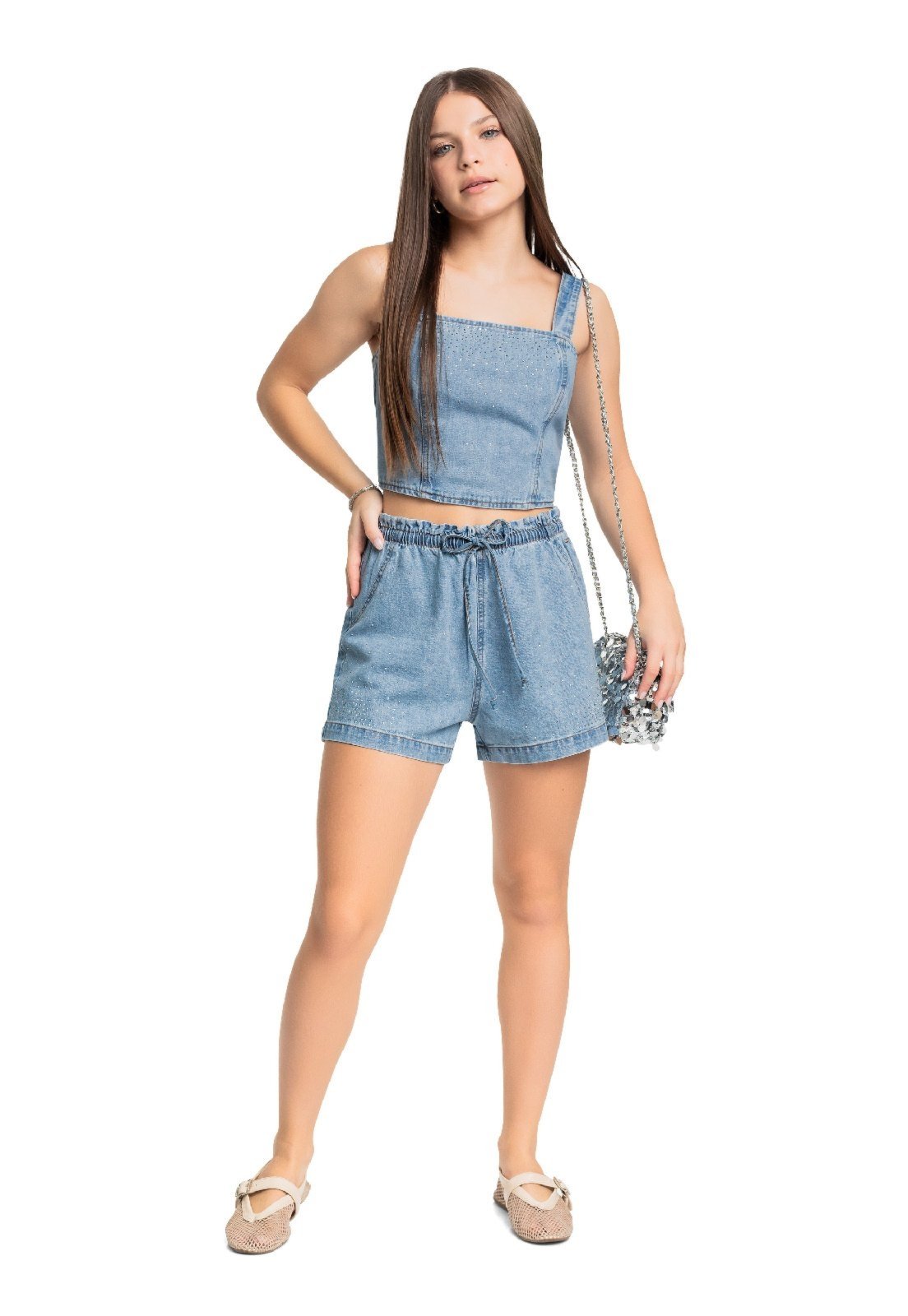Vista 2 Infantil - Top Juvenil em Jeans com Strass Gloss azul Gloss azul