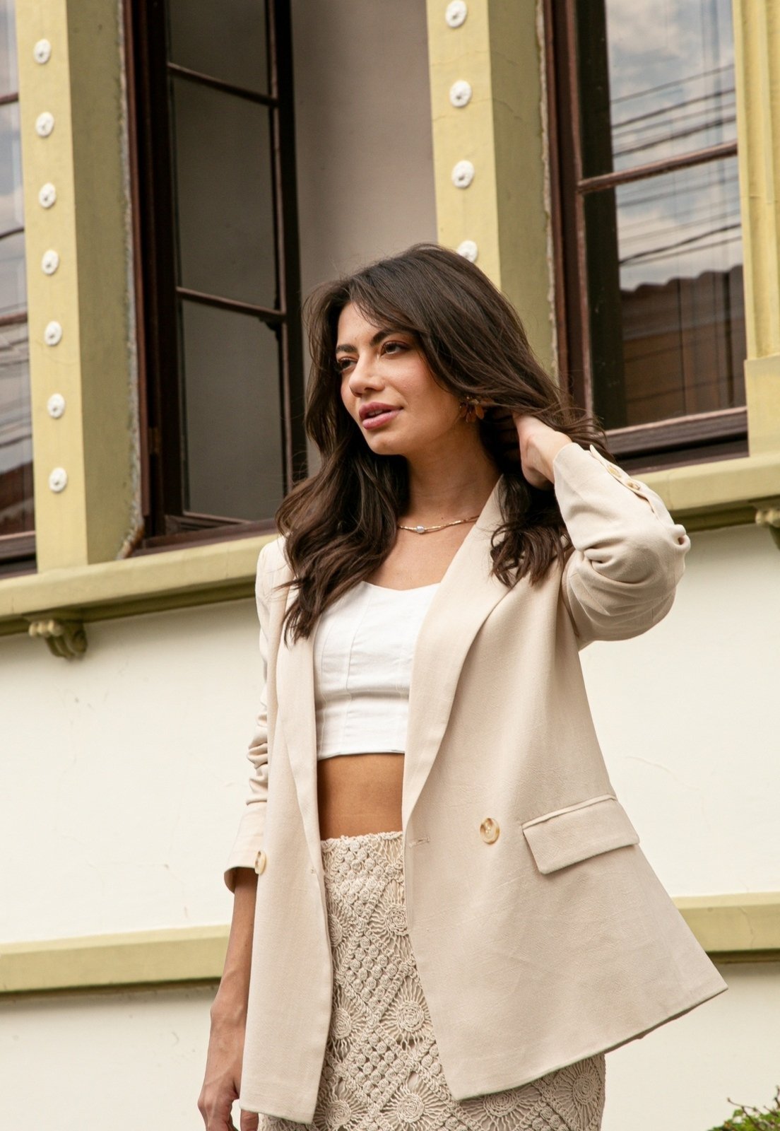 Vista 2 Blazer Pop Me Em Linho Com Transpasse 2 Botões Off-White bege/off-white white Pop Me bege/off-white white