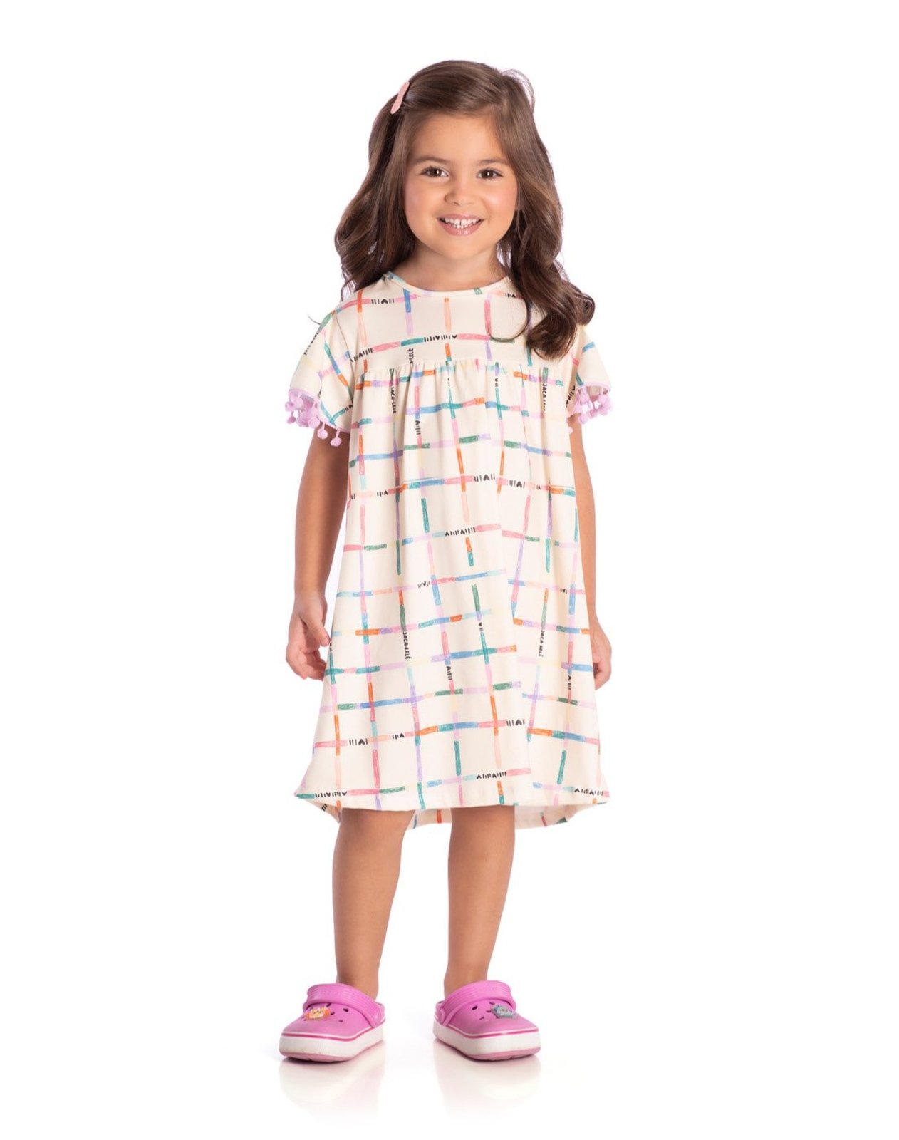 Infantil - Vestido manga curta malha modal bege xadrez colorido