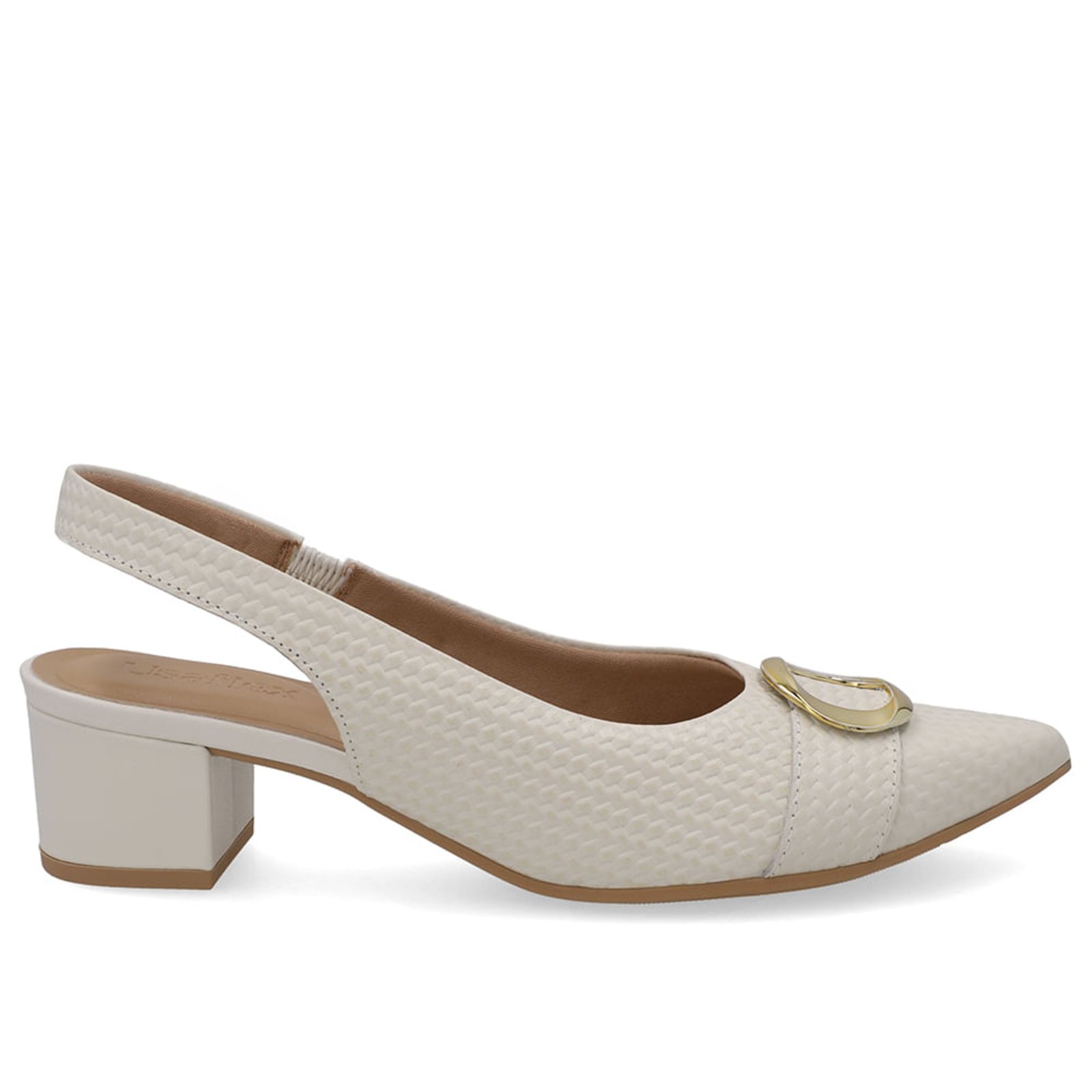 Slingback Couro Branco Salto Bloco Com Textura Tressê