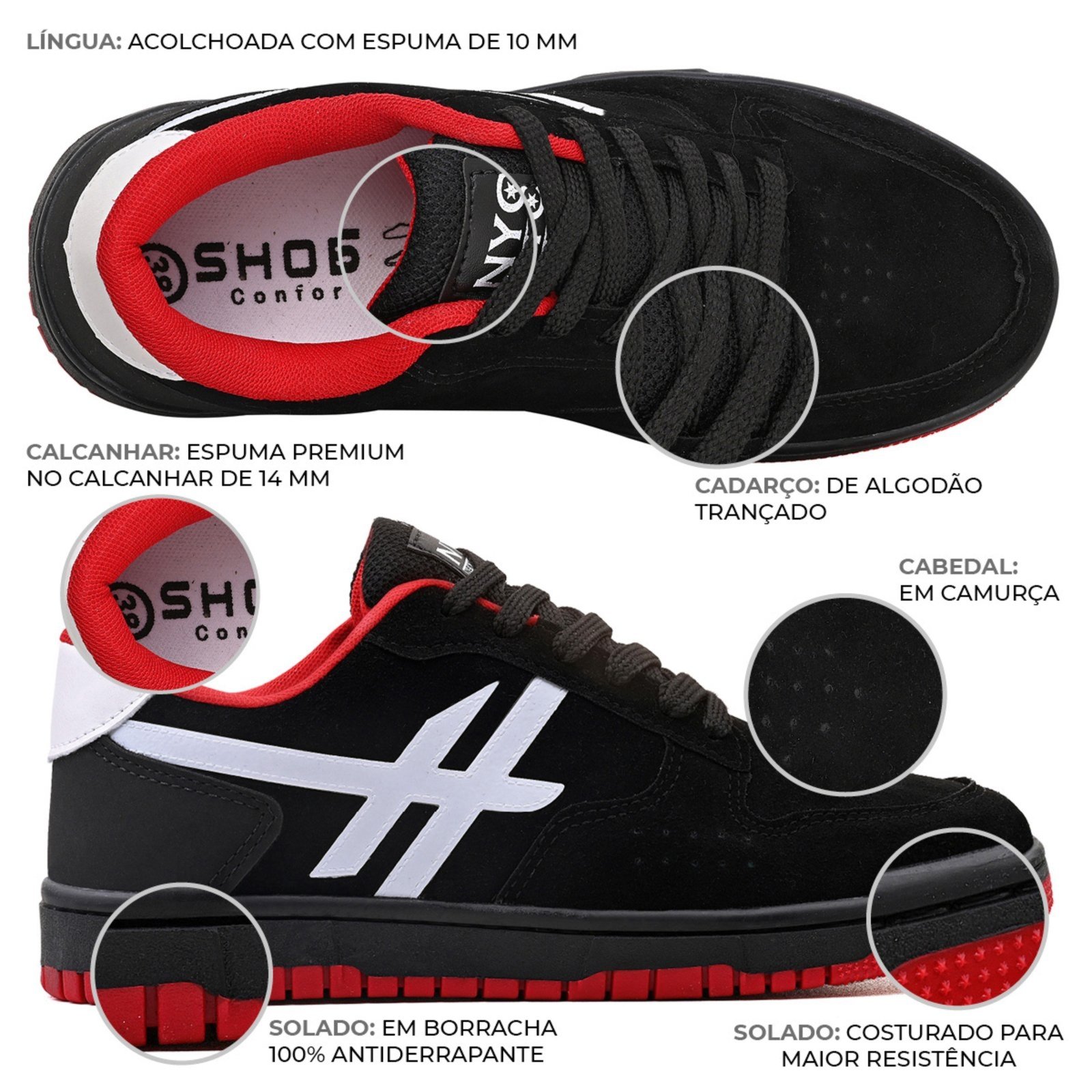 Vista 3 Tenis Skatista Nyc Shoes Lançamento Com Estilo NYC CM40 Femenino e Masculino NYC NEW YORK CITY SHOES preto/vermelho NYC NEW YORK CITY SHOES preto/vermelho