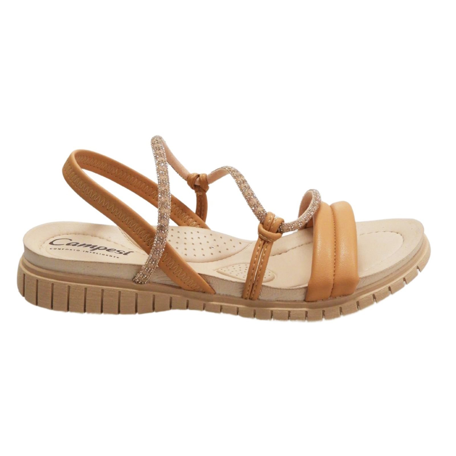 Campesí Sandália Feminina Calce Fácil Strass – Camel