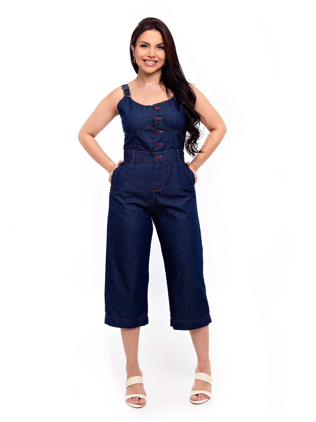 Macacão Pantacourt Restrito Jeans Com Botões – AZUL ESCURO