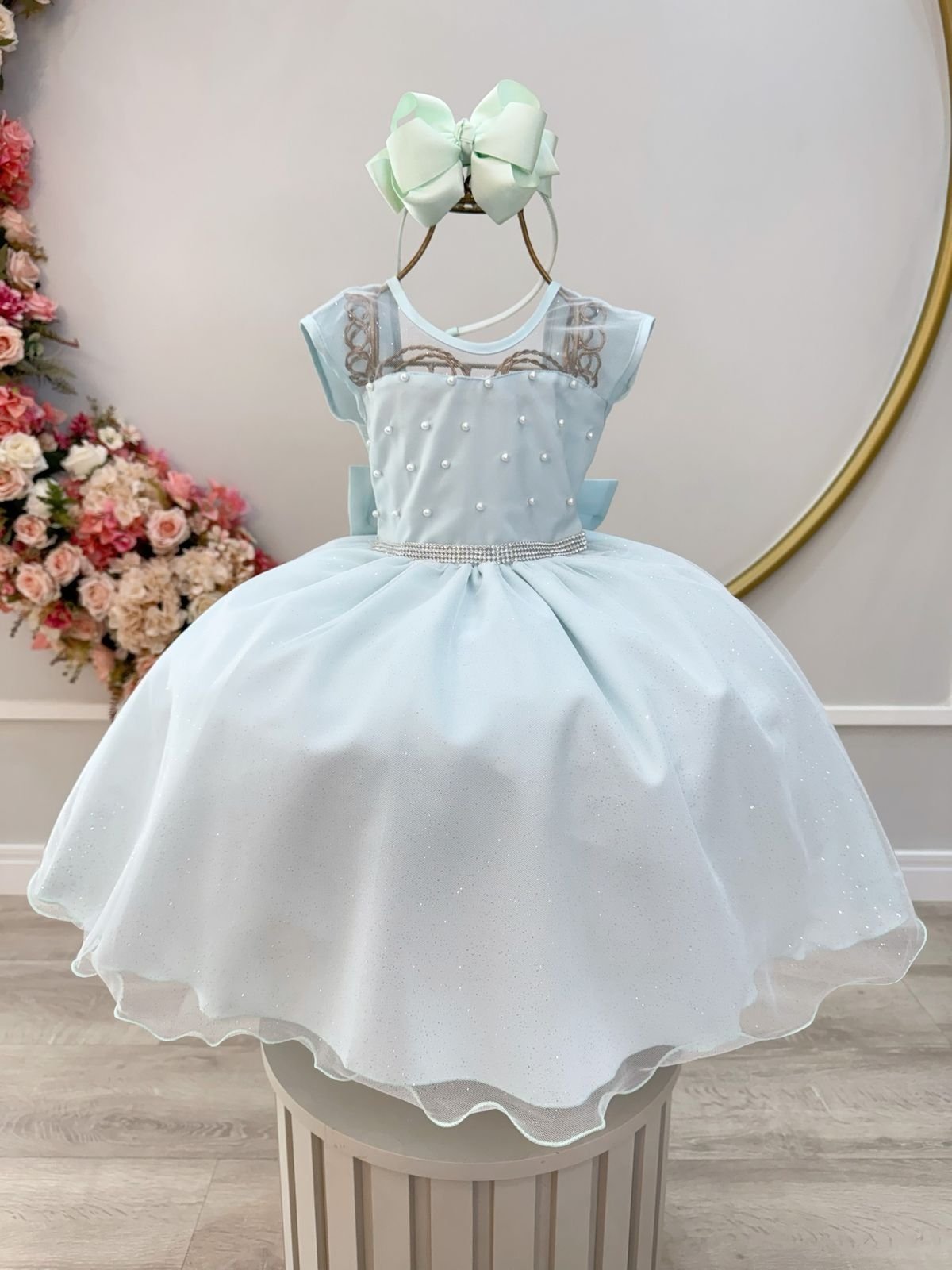 Infantil - Vestido Festa Verde Claro Menta Piscina Formatura Florista Casamento Pérolas Dama Daminha Social Menina Juvenil Pérolas Princesa Rodado Aniversário Luxo