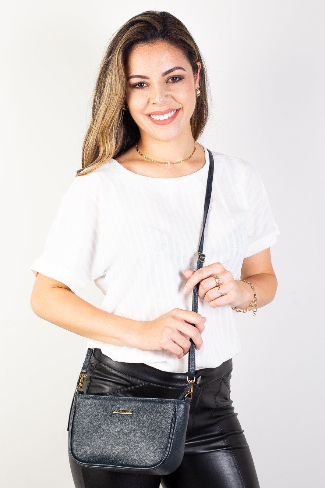 Bolsa tiracolo pequena de couro liso Iria - Azul