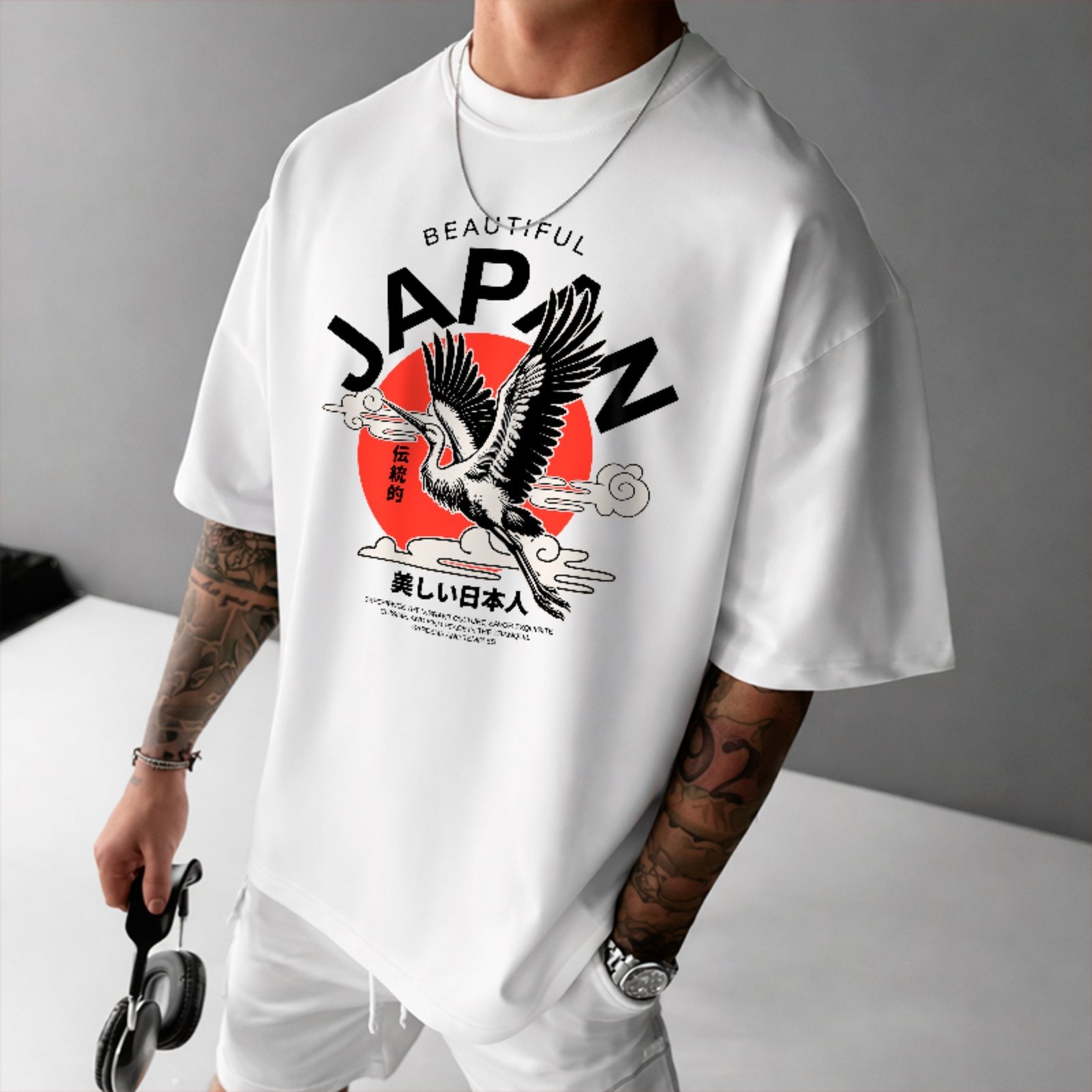 Camiseta Oversized Premium Beautiful Japan Garça Oriental Style Unissex Branco