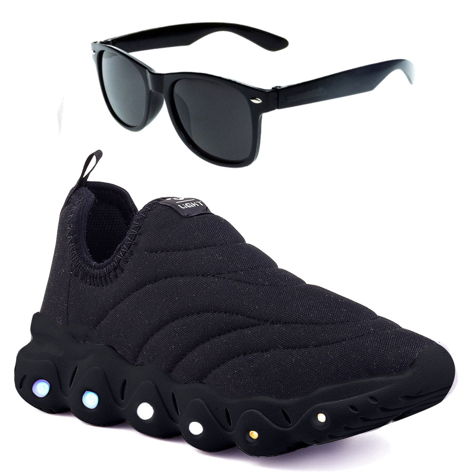 Infantil – Tenis de Led Menino e Menina Calce Facil Preto e Preto e Óculos