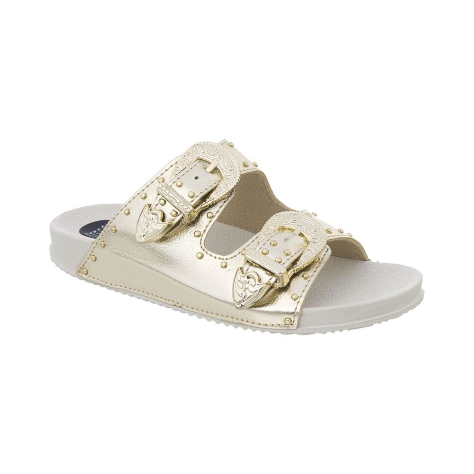 Sandália Papete Feminina Rasteirinha Fivelas Moda Original Metalizada Dourado