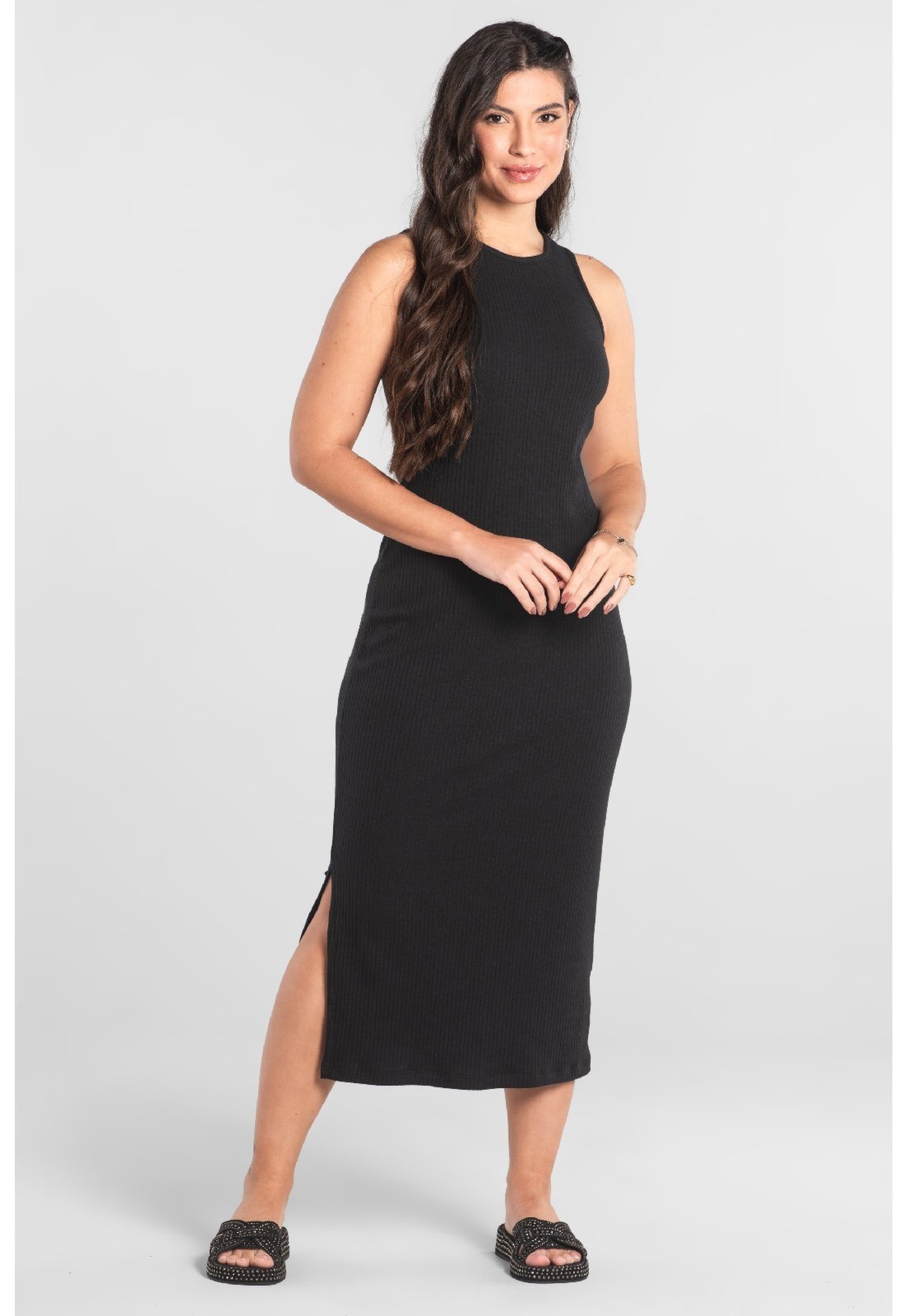 Vestido Adulto em Ribana Canelada Just Basic Preto