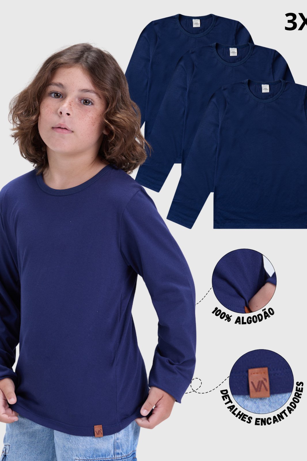 Infantil - Kit 3 Camisetas Manga Longa Inverno Algodão