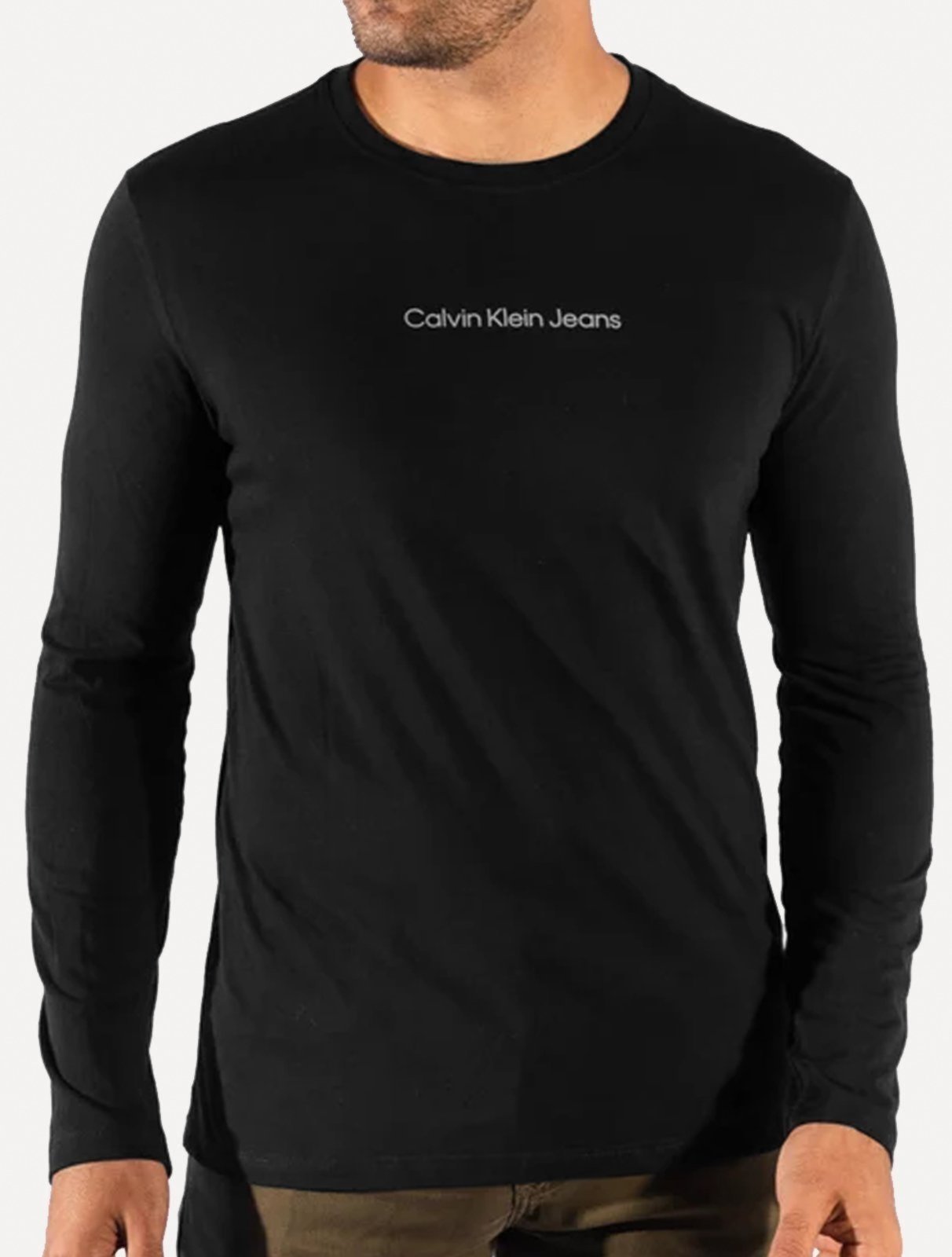 Camiseta Calvin Klein Masculina Manga Longa Institutional Grey Logo Preta