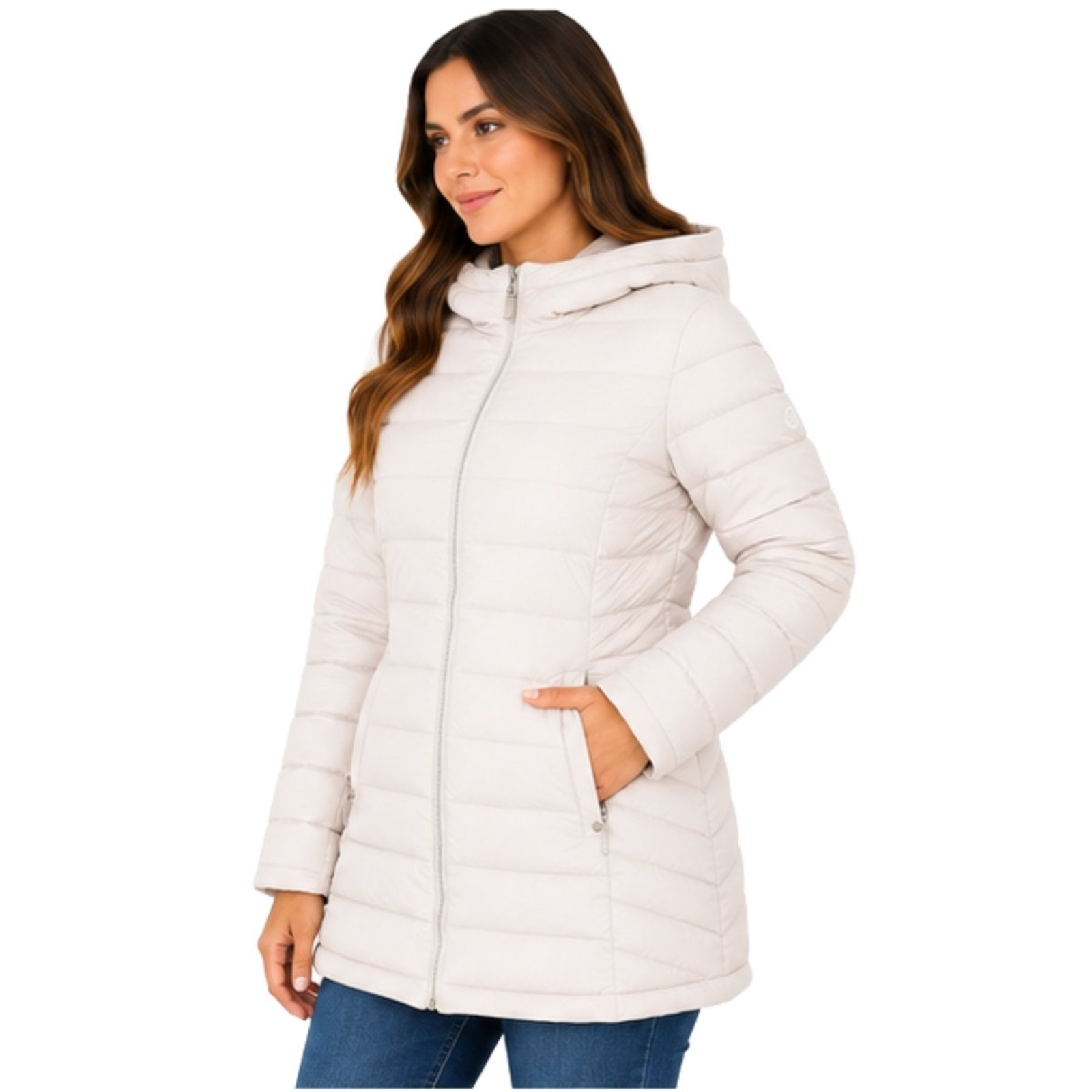 Jaqueta Parka Puffer Feminina Longa Inverno Capuz Casaco Nylon Premium Bege