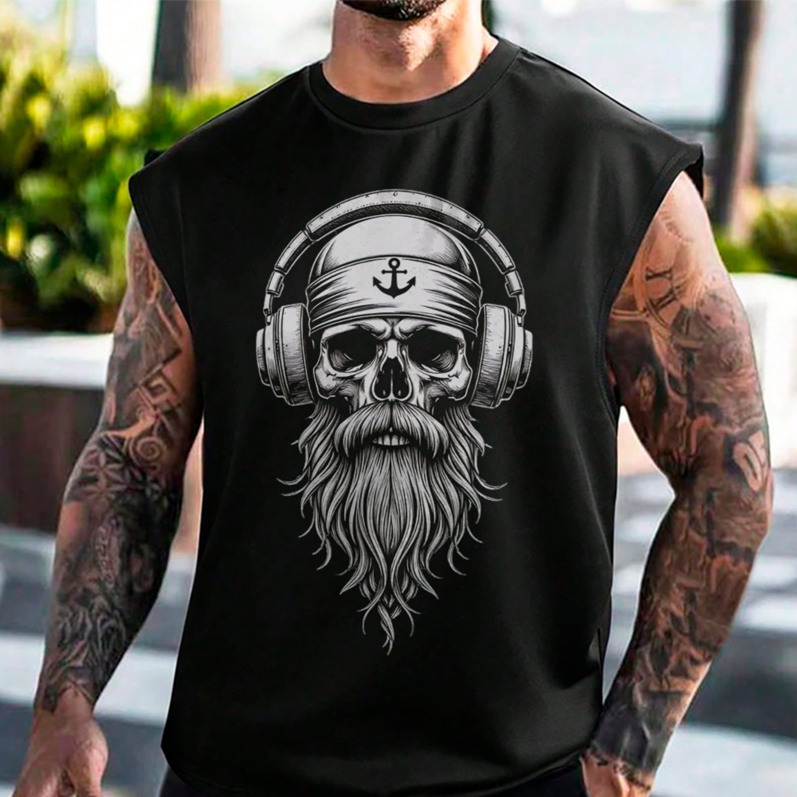 Camiseta Regata Machão Caveira Viking Headset Streetwear Premium Preto