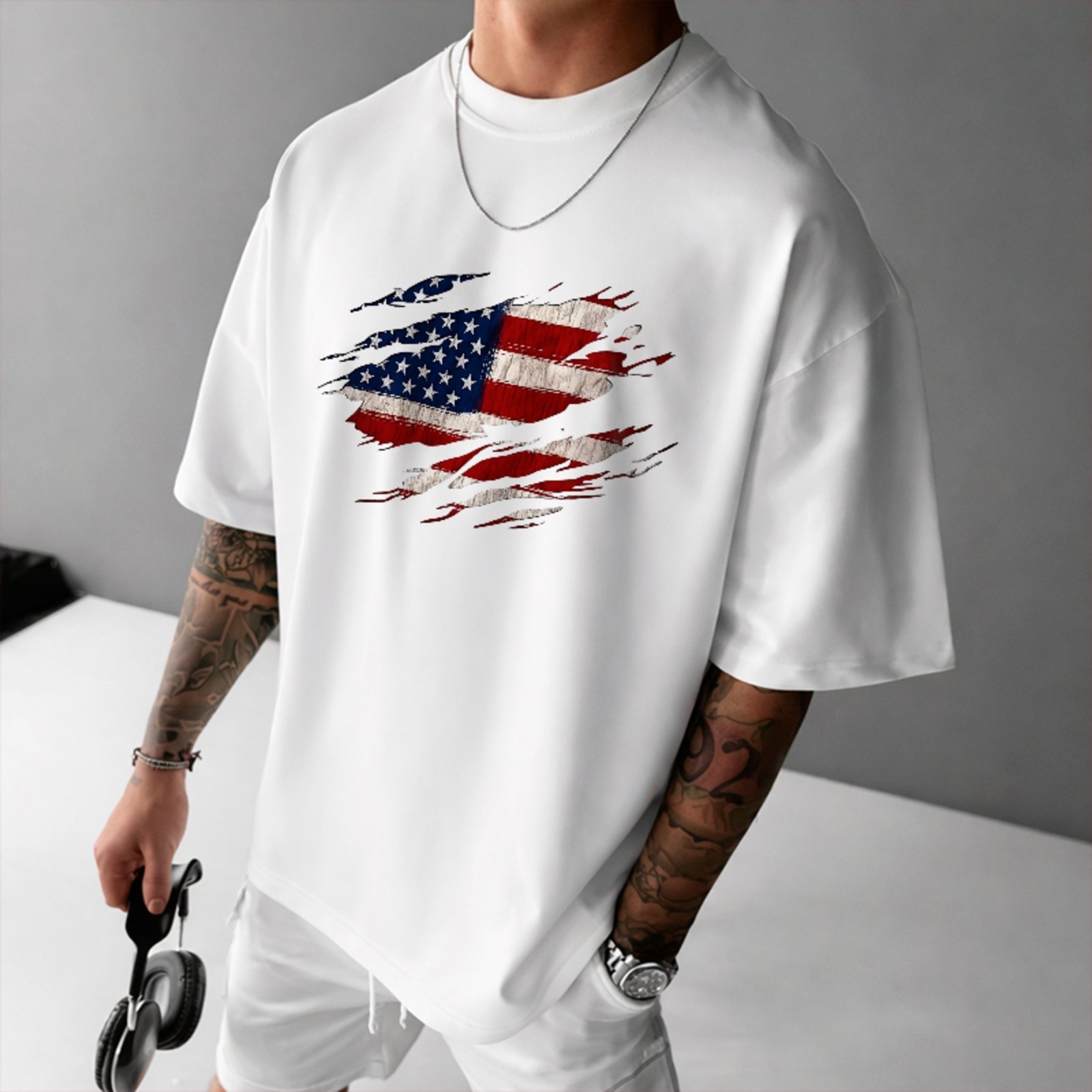 Camiseta Oversized Premium Bandeira Americana Street Unissex Branco