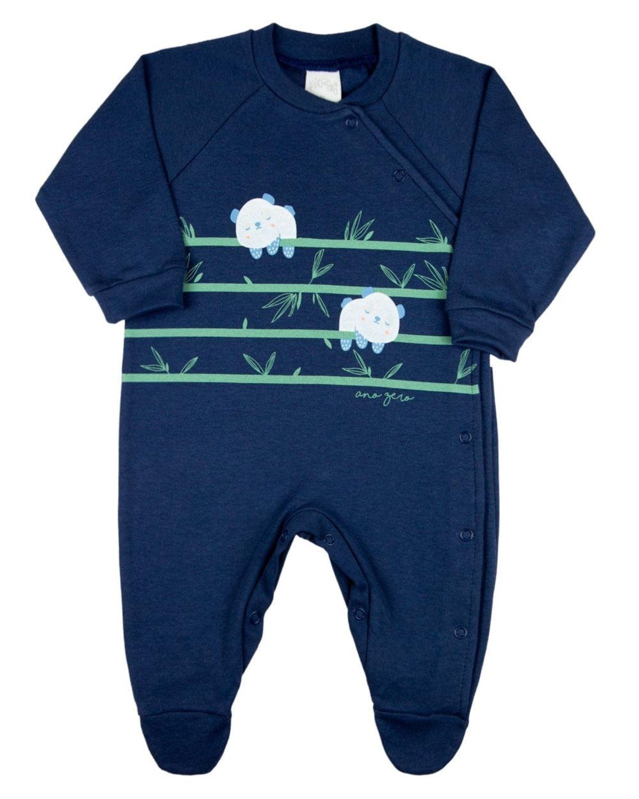 Infantil – Macacao Menino Suedine Algodão Manga Longa Comprido Silk Screem Ursinhos Panda – Marinho