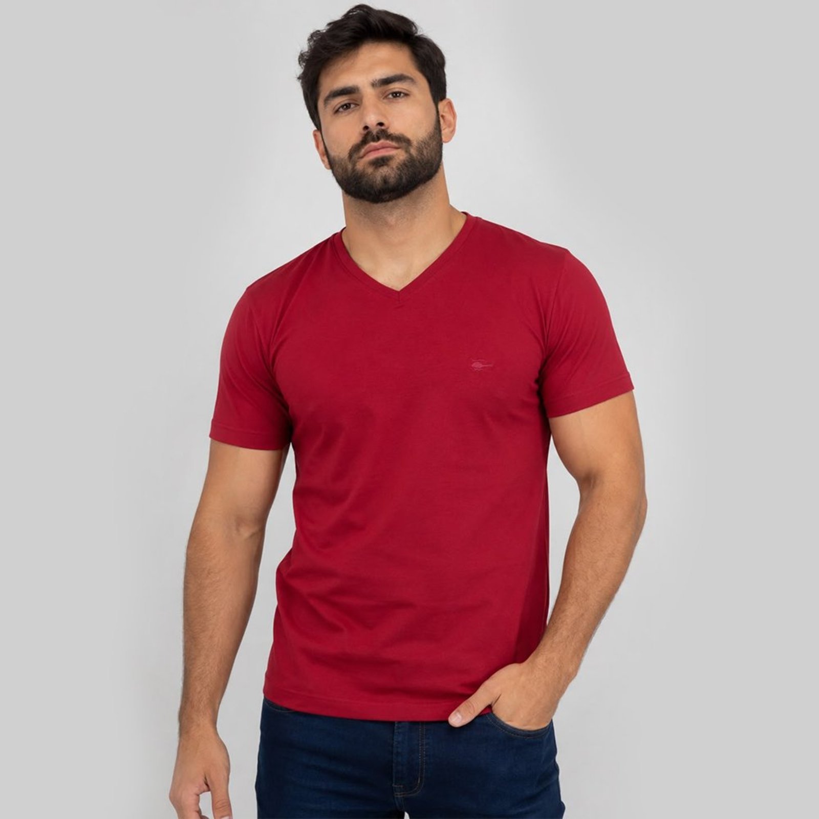 Camiseta Masculina Sallo Gola V Básica Premium Vinho Tinto