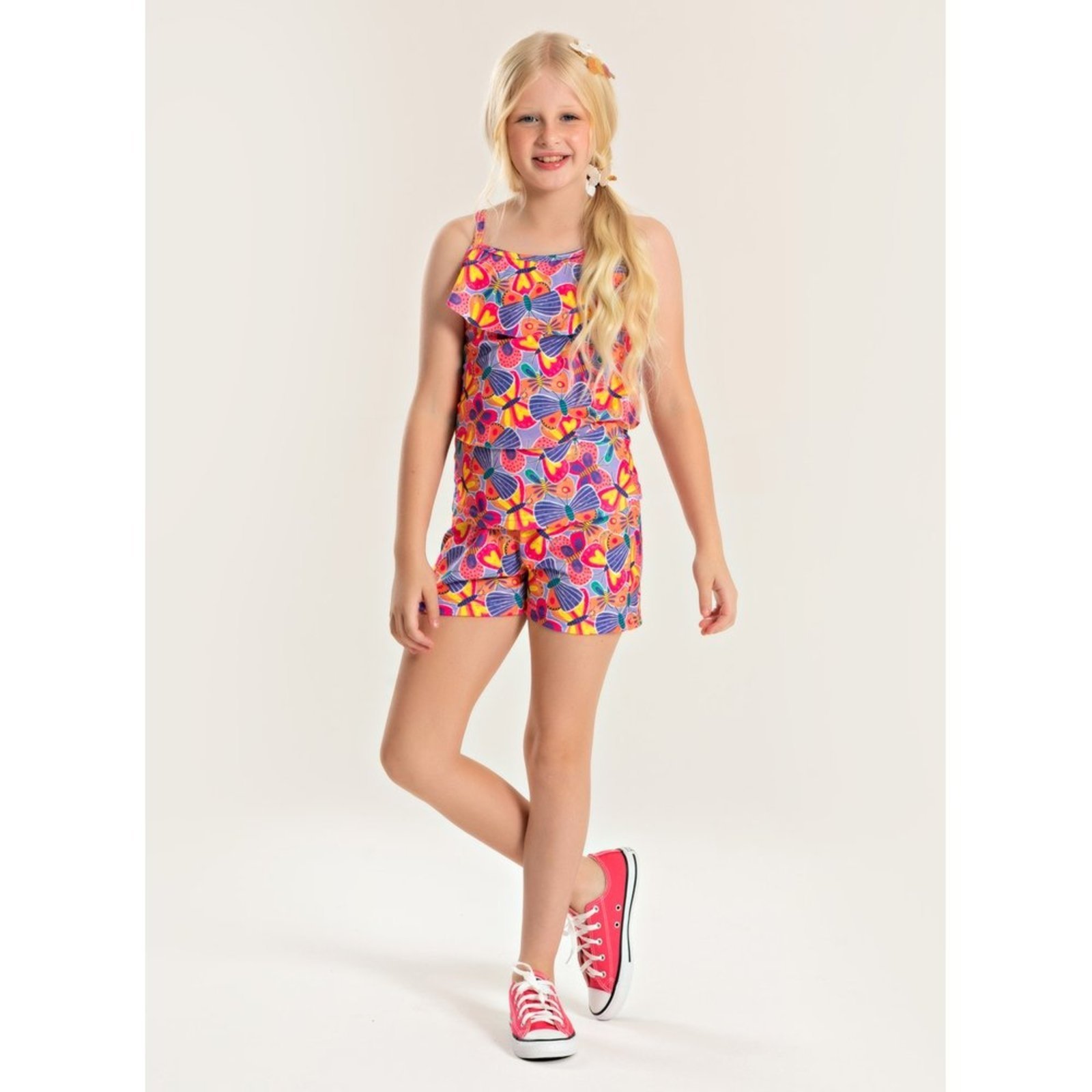 Infantil – Conjunto Molekada Verão Menina Tulipa Regata com Babado e Shorts Borboletas coloridas