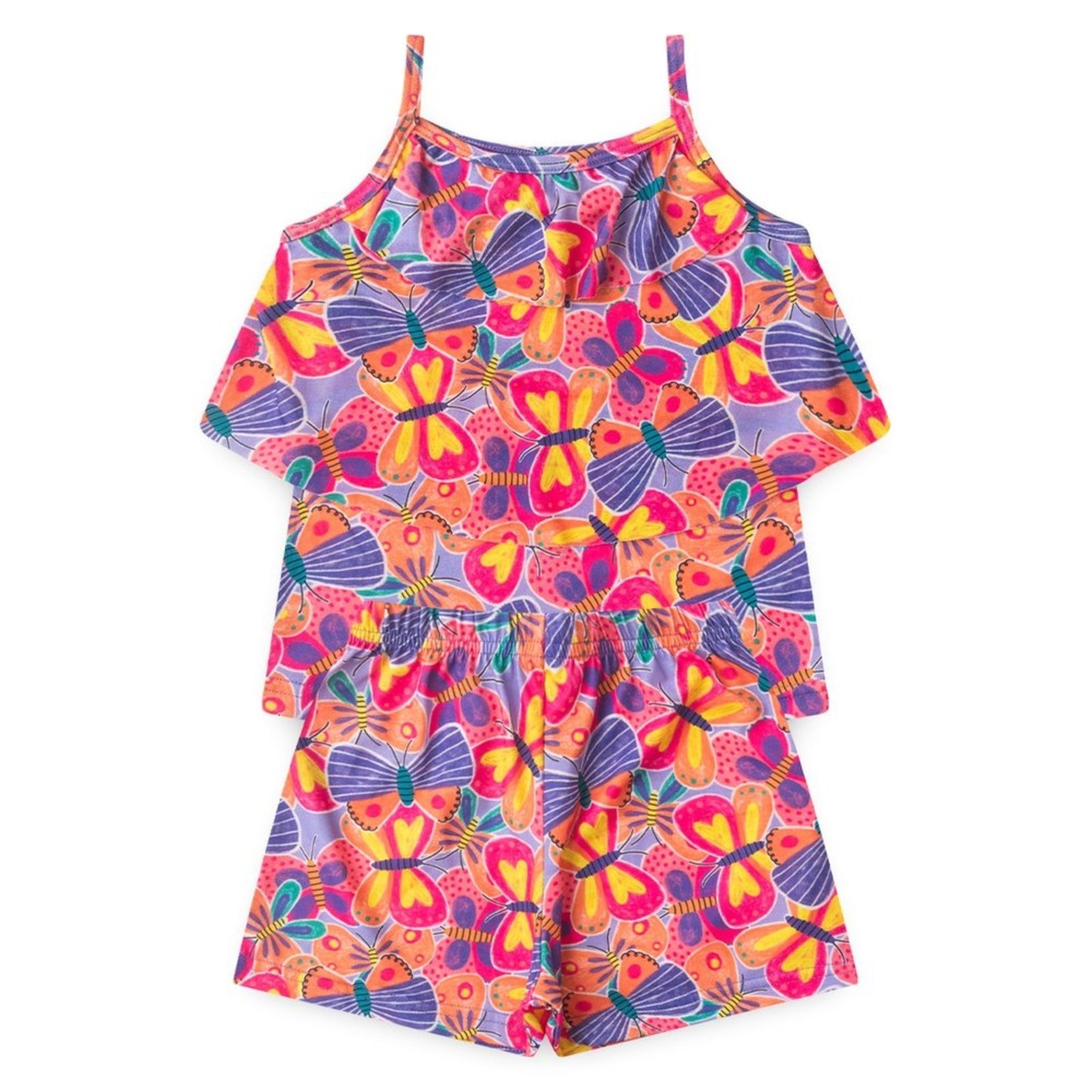 Vista 3 Infantil - Conjunto Molekada Verão Menina Tulipa Regata com Babado e Shorts Borboletas coloridas roxo Molekada roxo