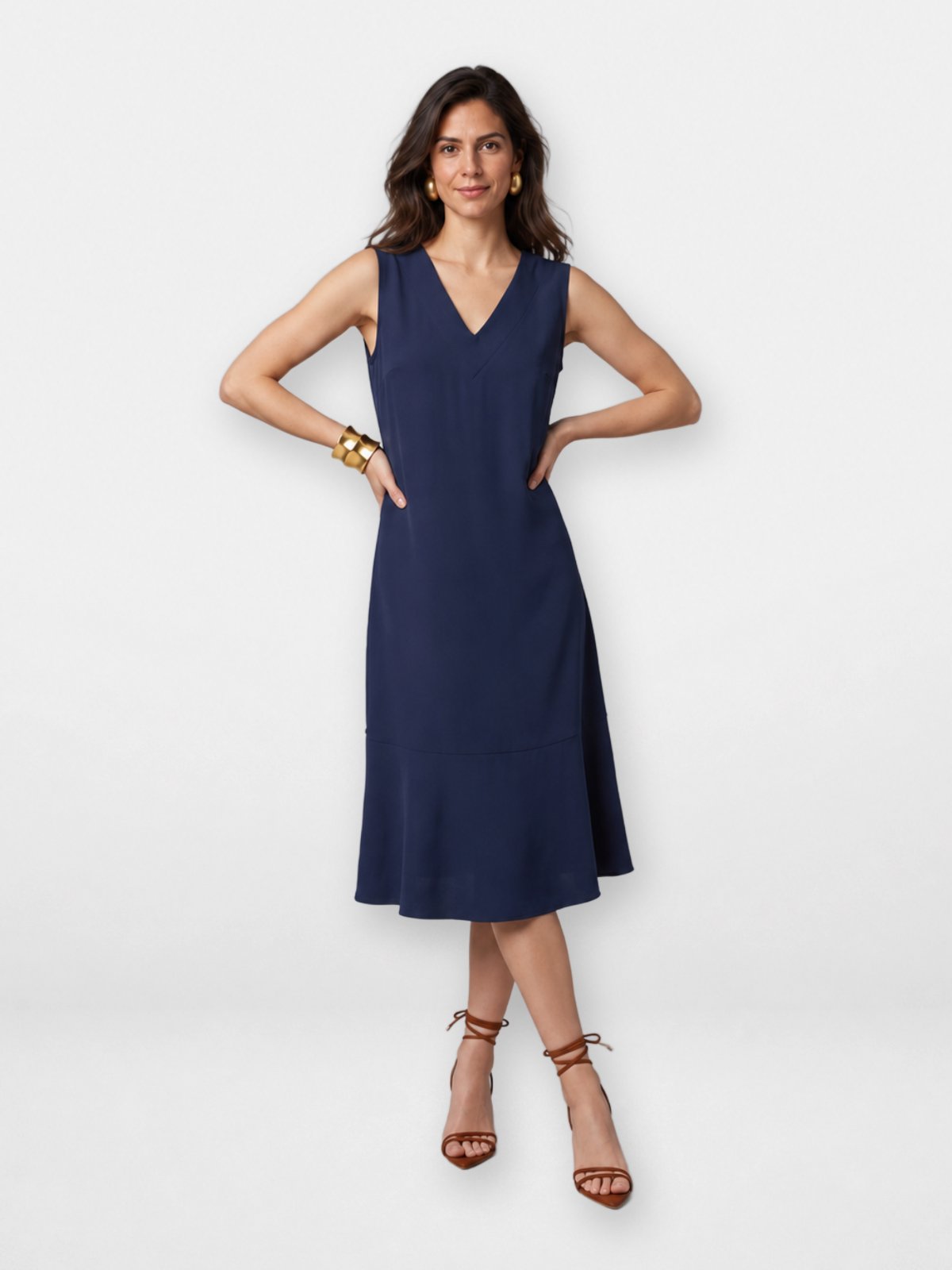 Vestido Midi Feminino Pompier Regata em Viscose Decote V Evasê com Babado Azul Marinho