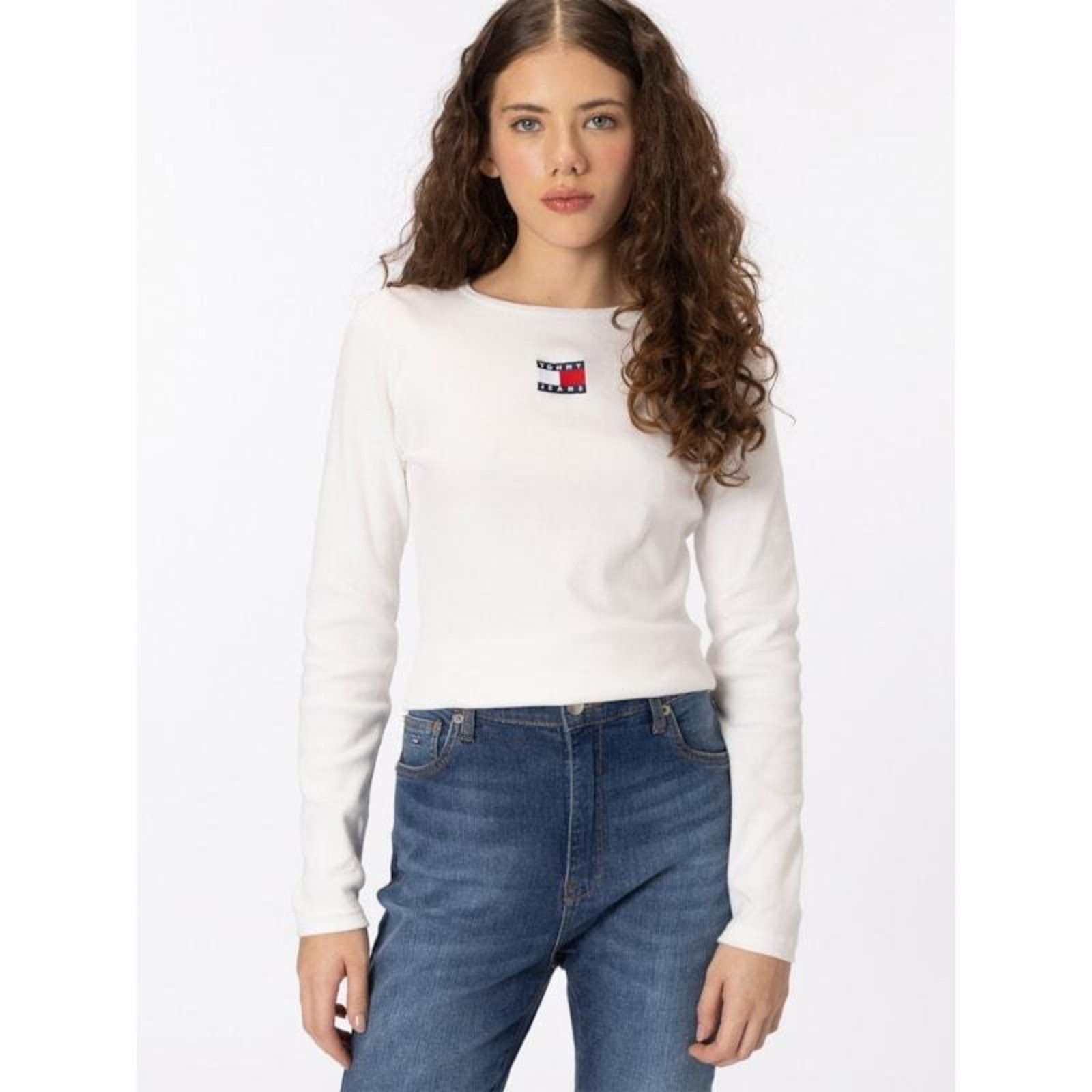 Camiseta Tommy Badge Slim de Manga Longa Branco